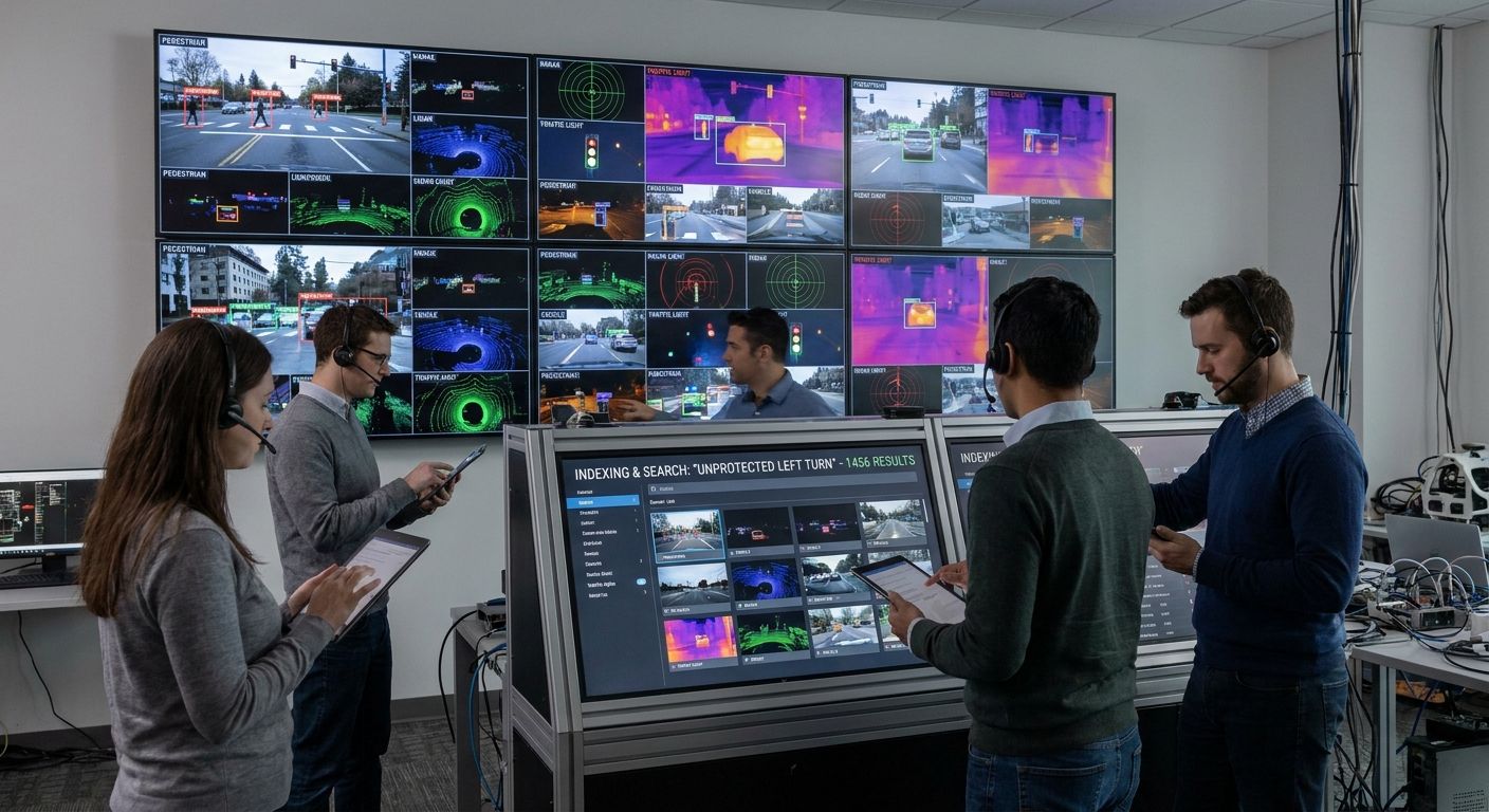 Four people wearing headsets analyze autonomous driving data on a large multi-screen wall and interactive displays in a tech lab.