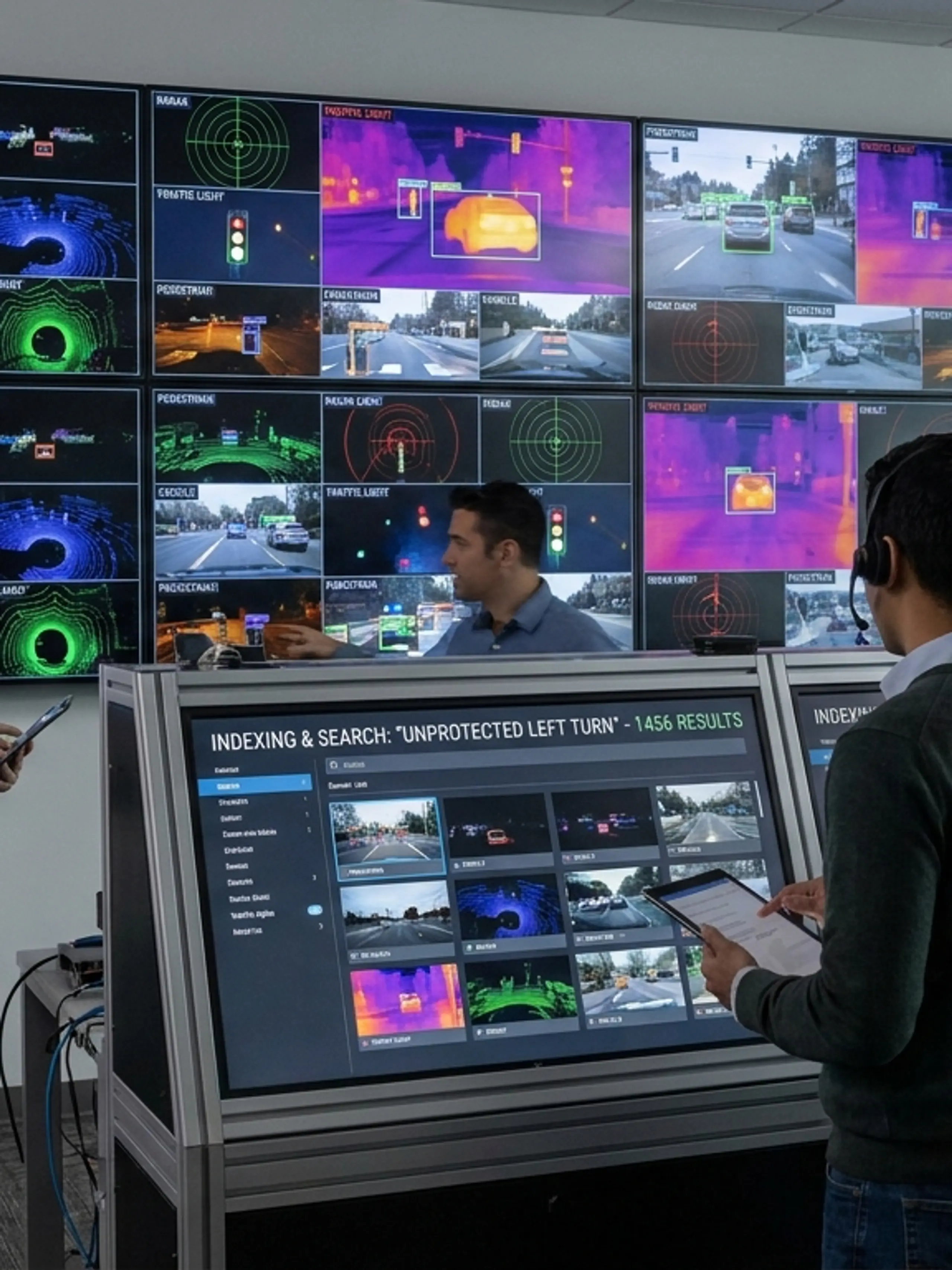 Four people wearing headsets analyze autonomous driving data on a large multi-screen wall and interactive displays in a tech lab.