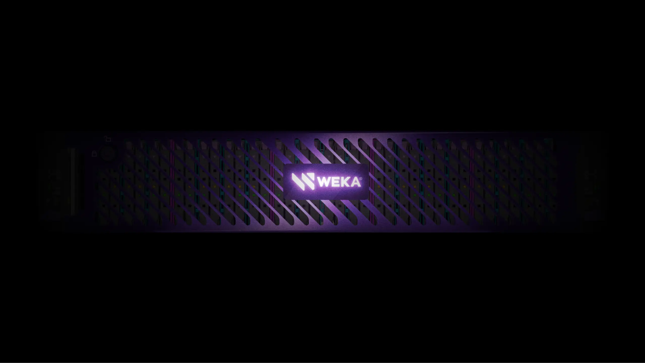 A dark server with a glowing purple WEKA logo on its front panel.