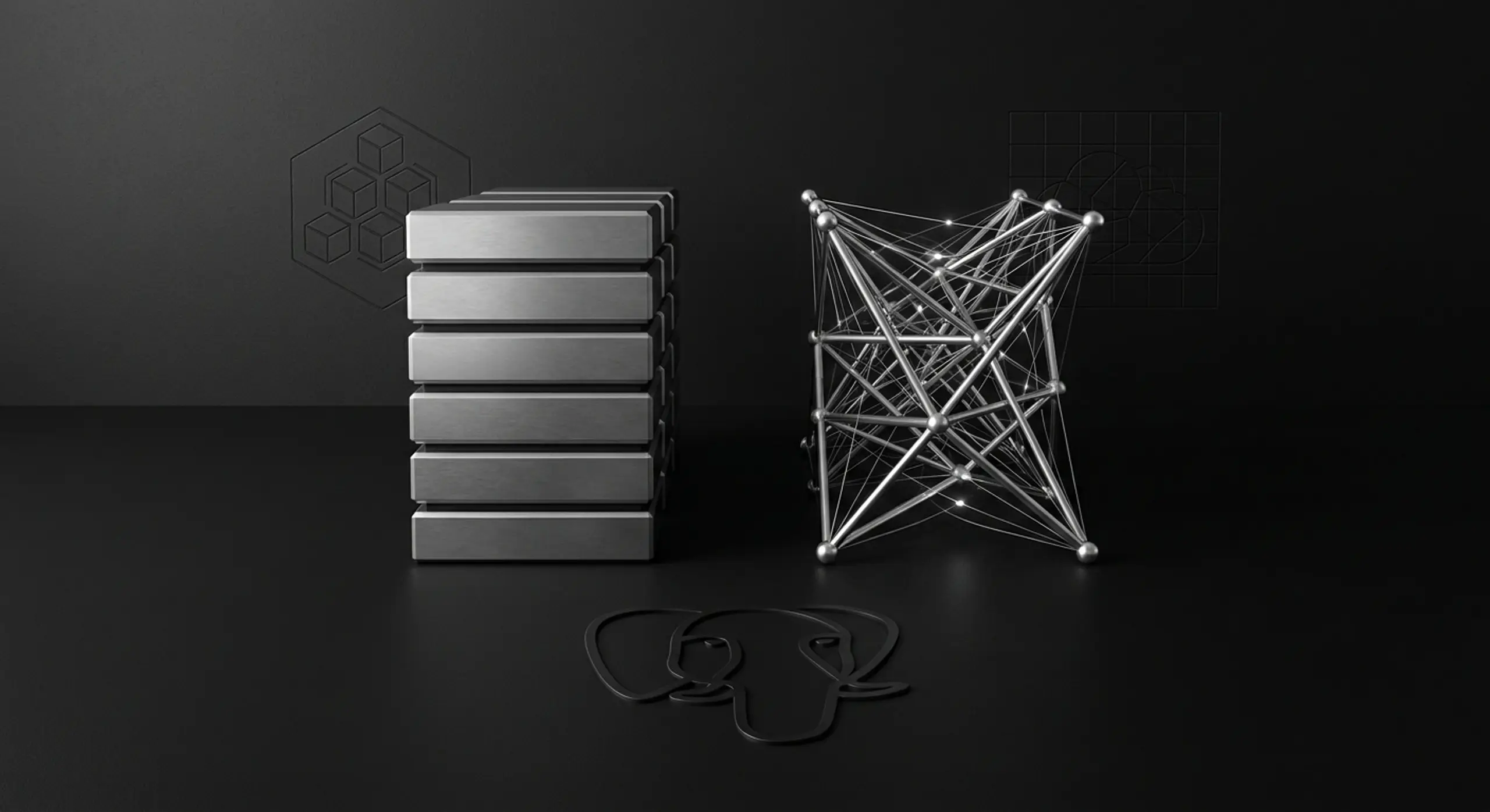 A stack of server-like blocks next to a complex, interconnected network structure, with the PostgreSQL elephant logo below, on a dark background.