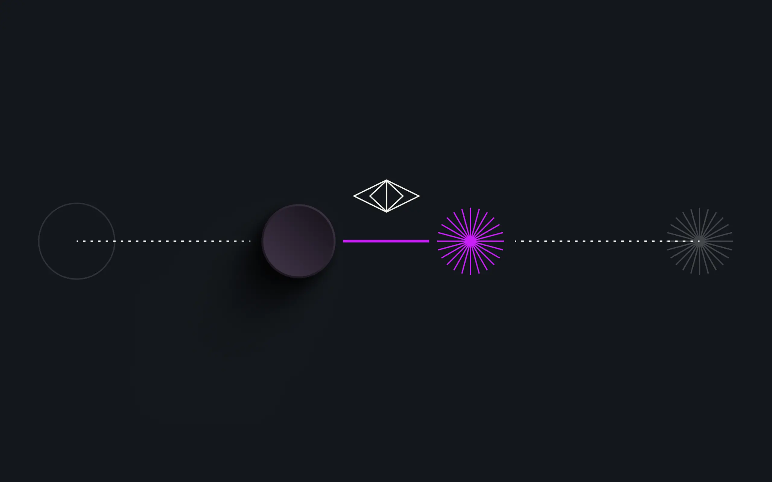 Abstract horizontal interface on a dark background, with a grey outlined circle, a purple 3D button, a bright purple starburst, a grey starburst, and a white geometric eye symbol.