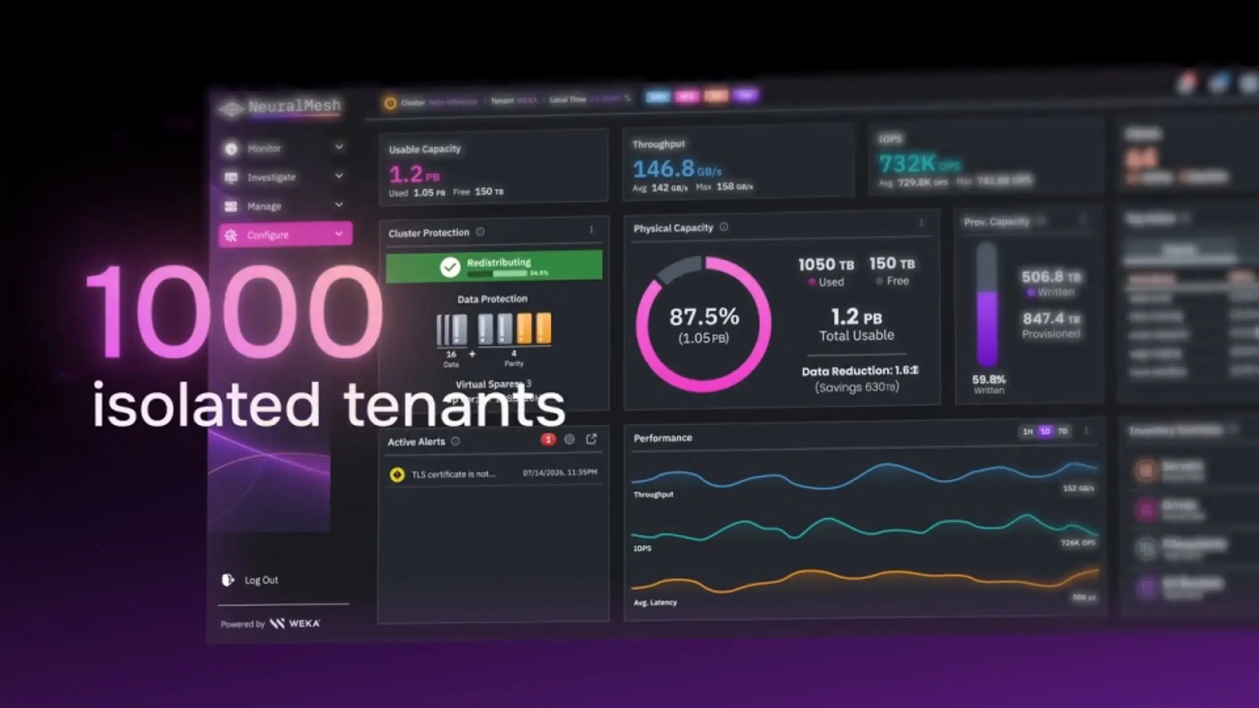 A dark-themed NeuralMesh dashboard displaying storage and performance metrics, with large text reading "1000 isolated tenants" on the left.