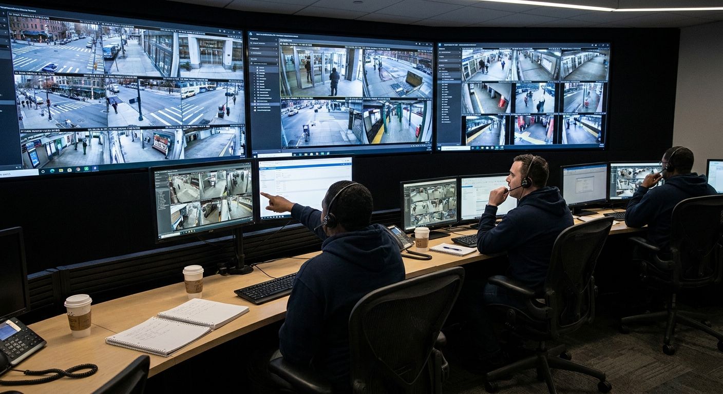 Three operators in a control room monitoring multiple surveillance screens, one pointing.