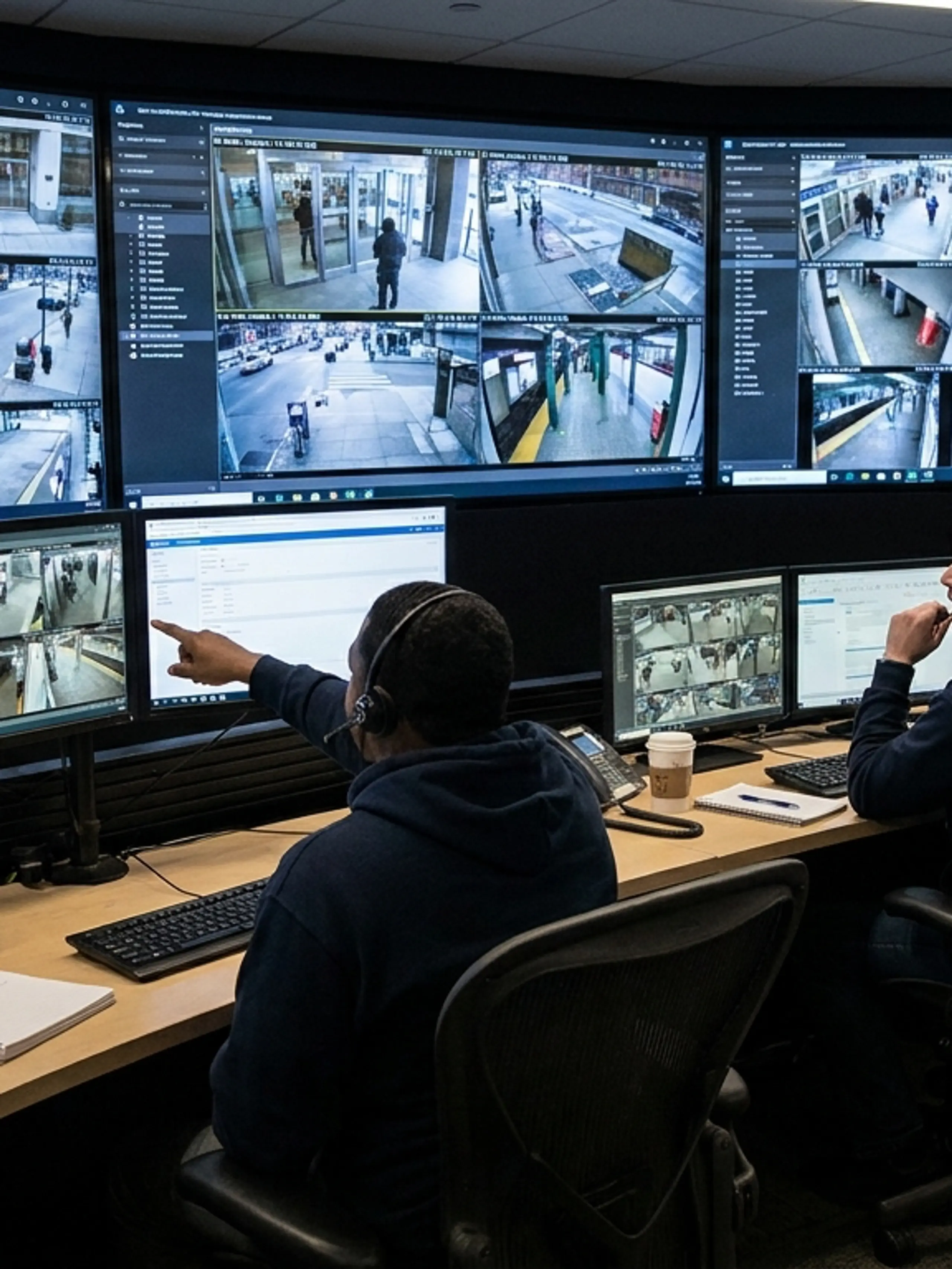 Three operators in a control room monitoring multiple surveillance screens, one pointing.