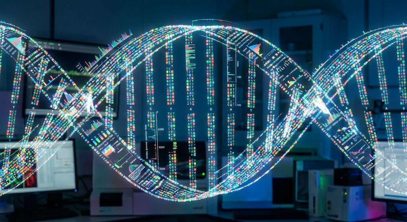 Digital DNA helix composed of data and graphs in a laboratory.