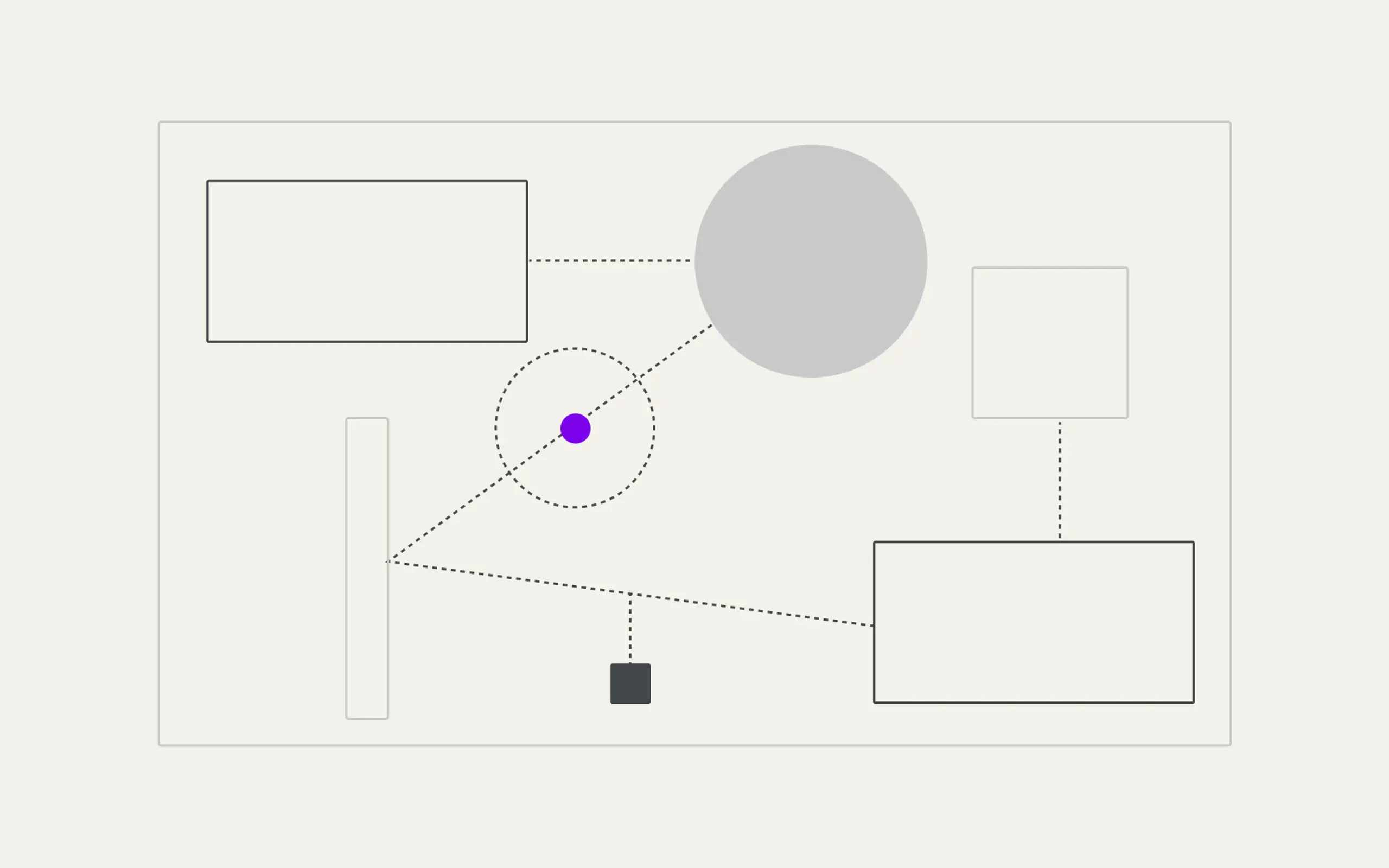 A sparse network of separated grey storage shapes connected by indirect lines, with duplicate blocks and one purple routing dot symbolizing inference data scattered across systems.