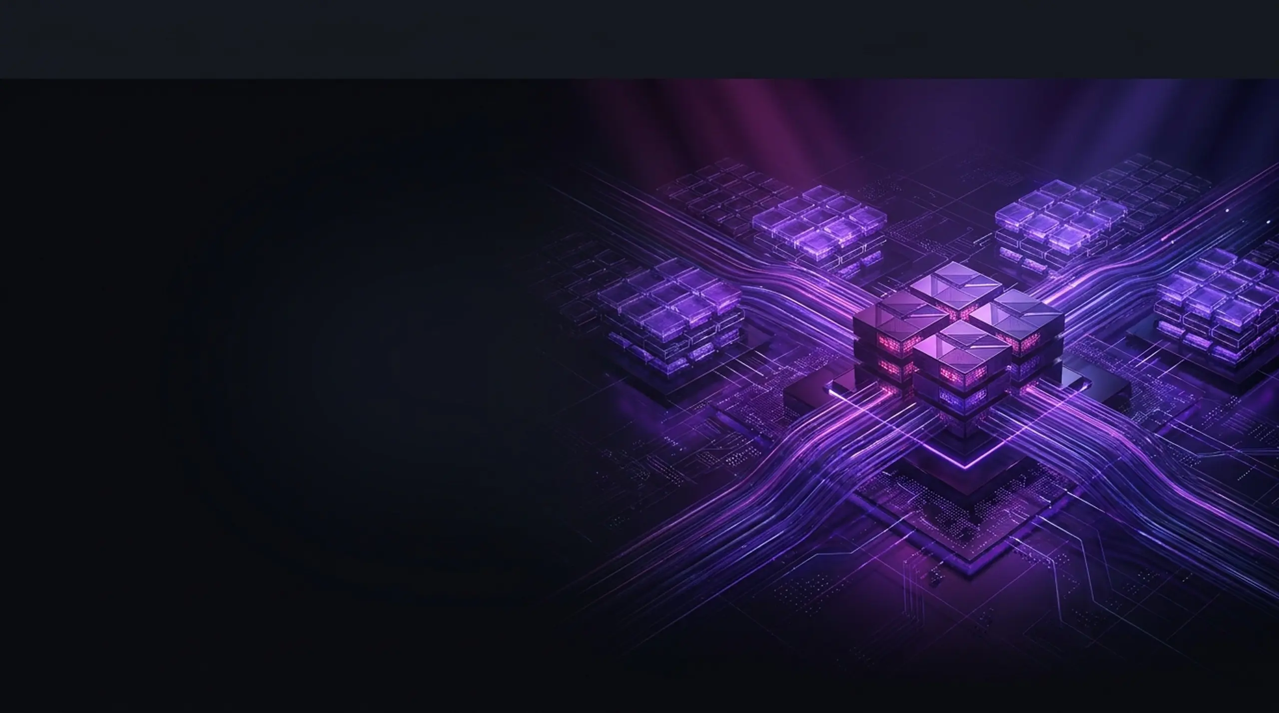 Glowing purple central cube connected to four other cube structures by light trails, on a dark circuit-patterned background.