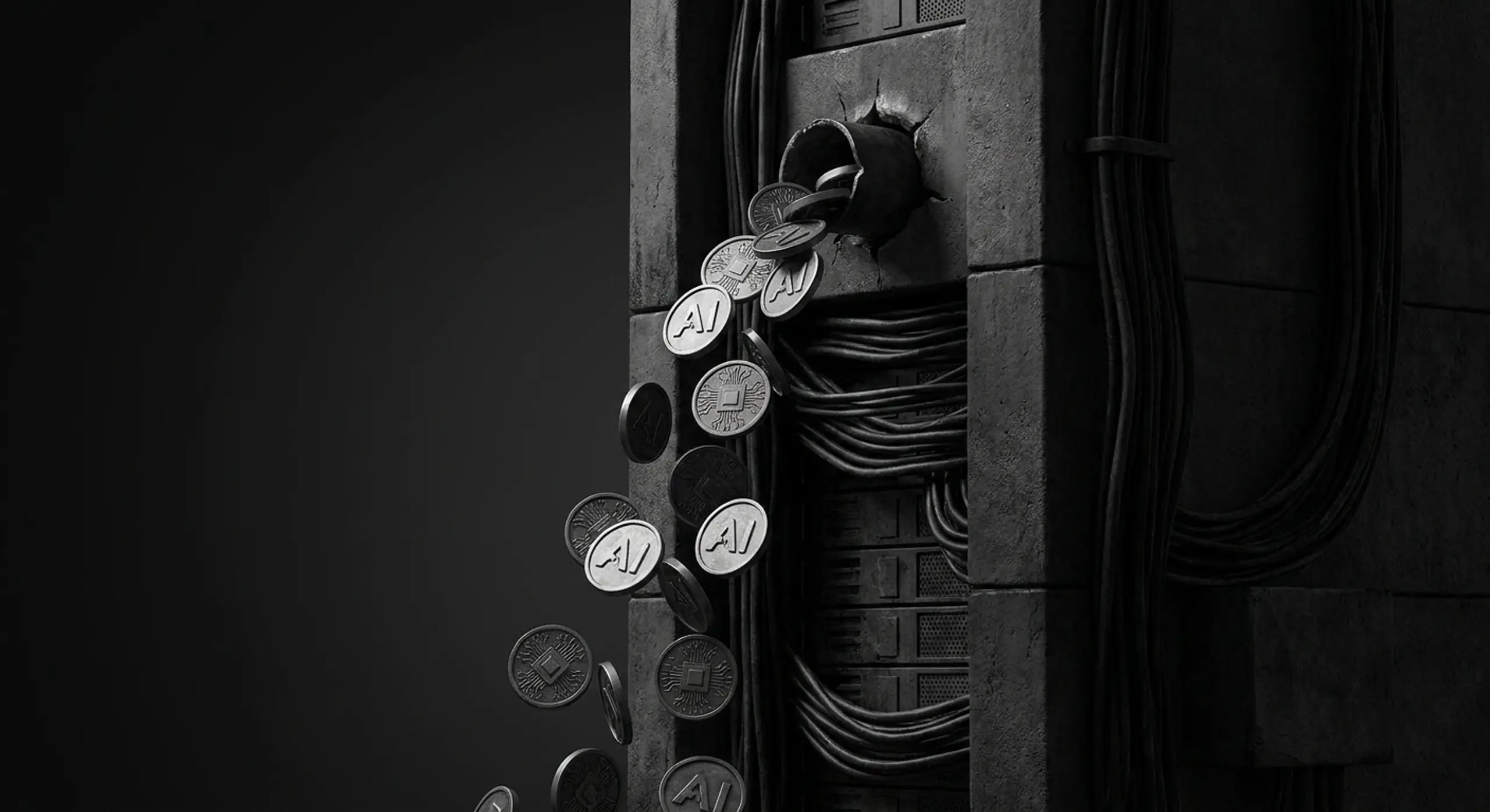 Grayscale image of AI and Ethereum symbol coins falling from a hole in a dark, cable-covered structure.