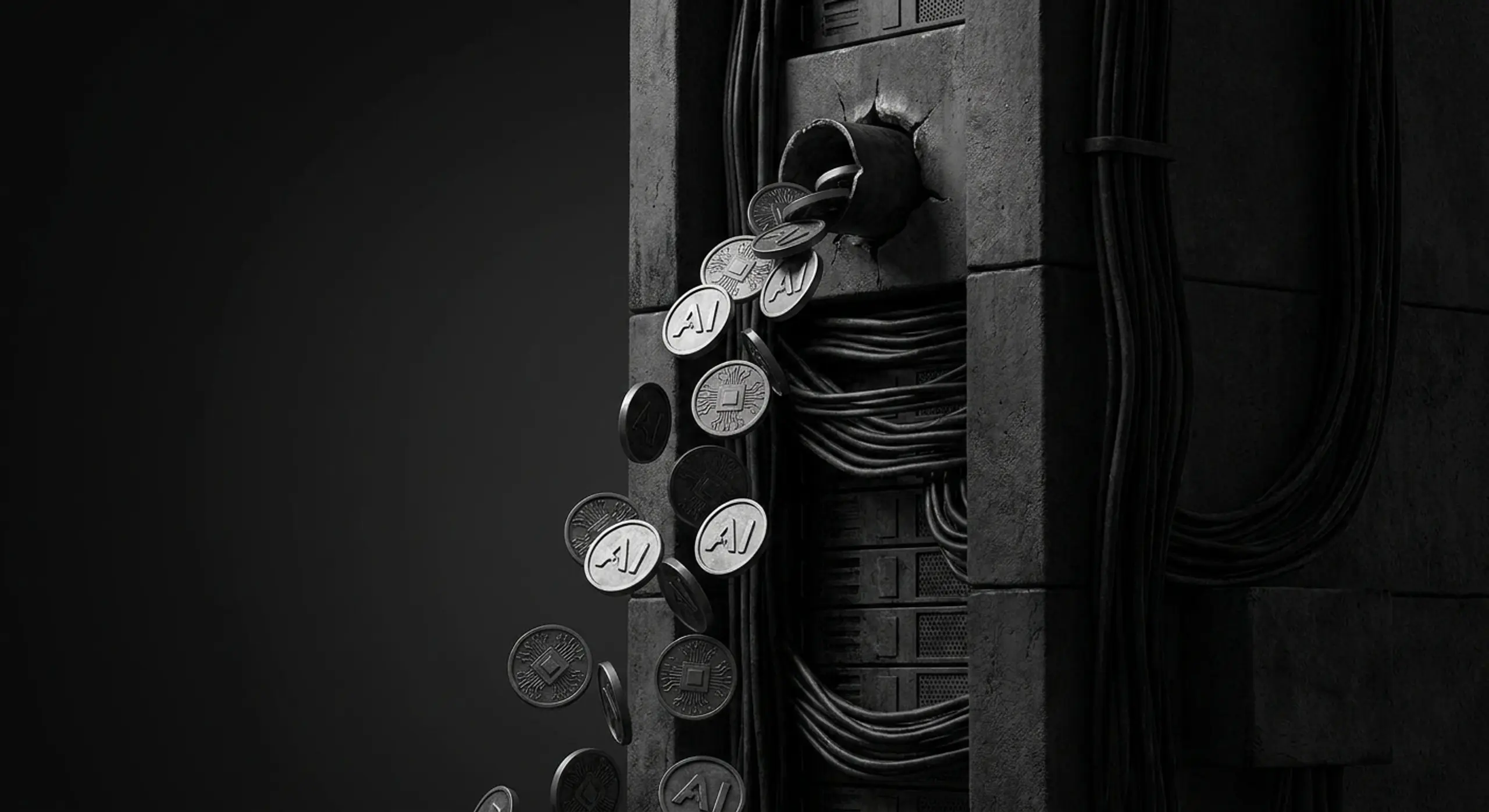 Grayscale image of AI and Ethereum symbol coins falling from a hole in a dark, cable-covered structure.