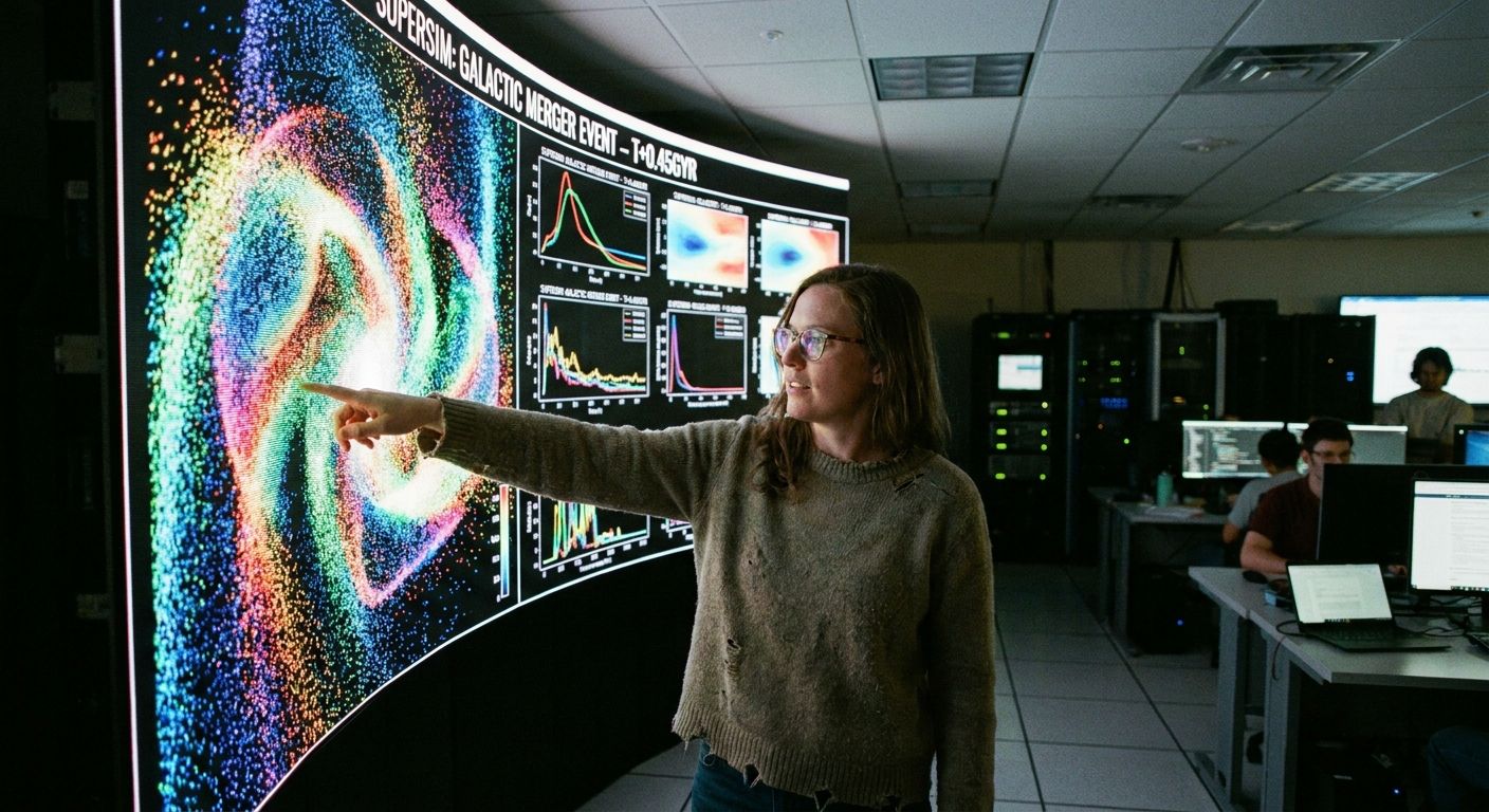 A woman points at a large curved screen displaying a colorful galactic merger simulation and data graphs in a server room.