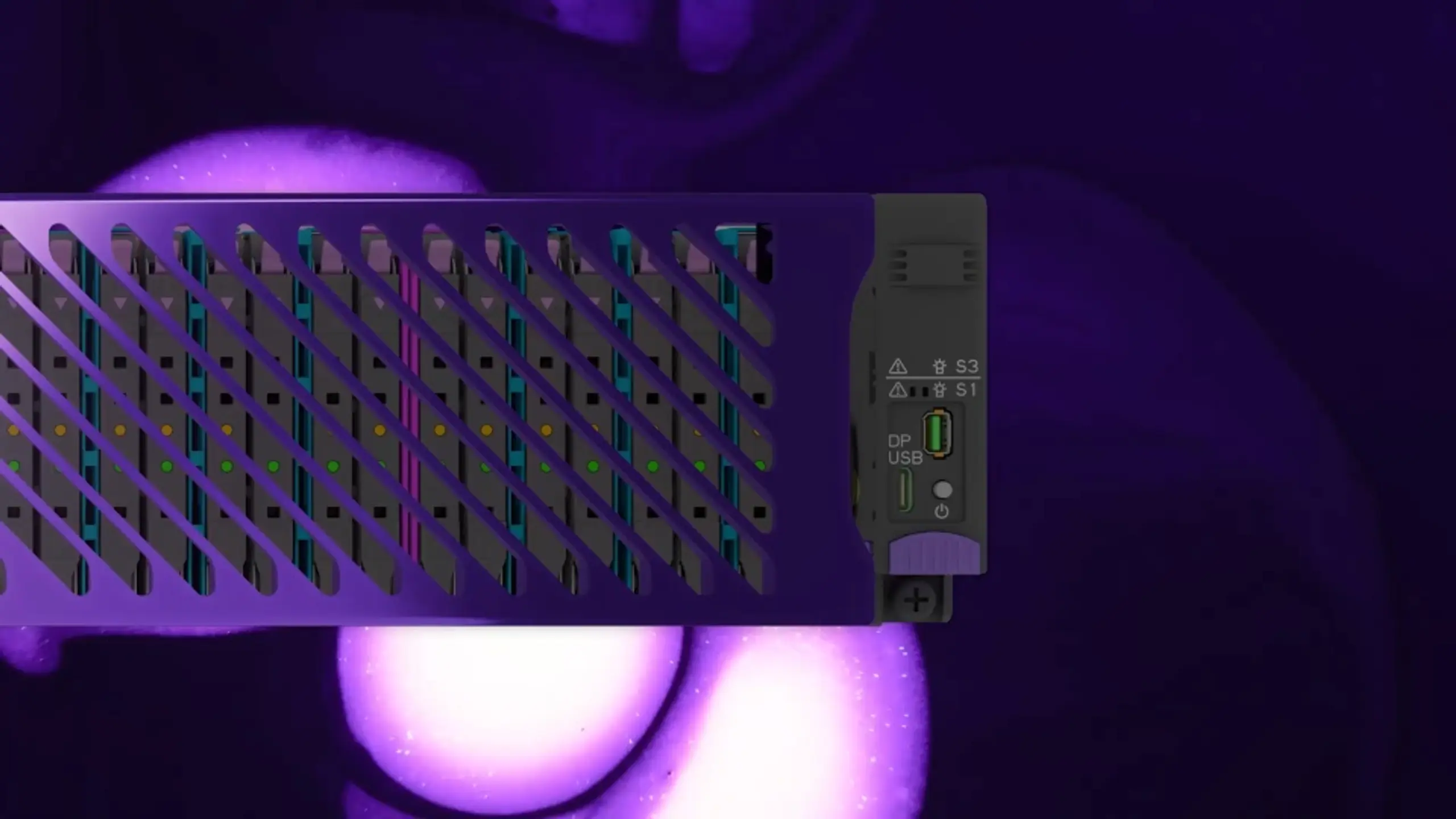 A purple electronic device with a grated front showing colorful lights and side ports.