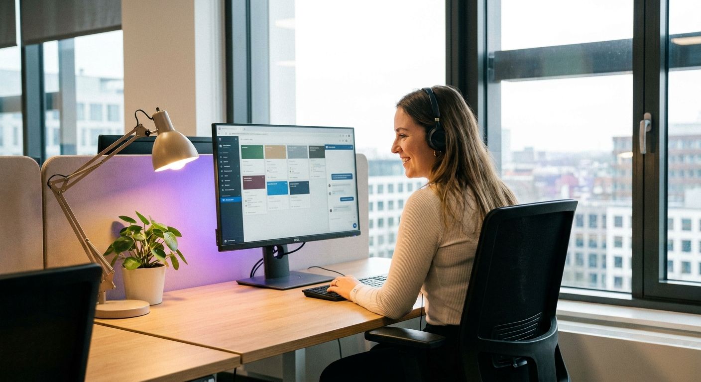 A smiling woman wearing a headset works at a computer in a modern office.