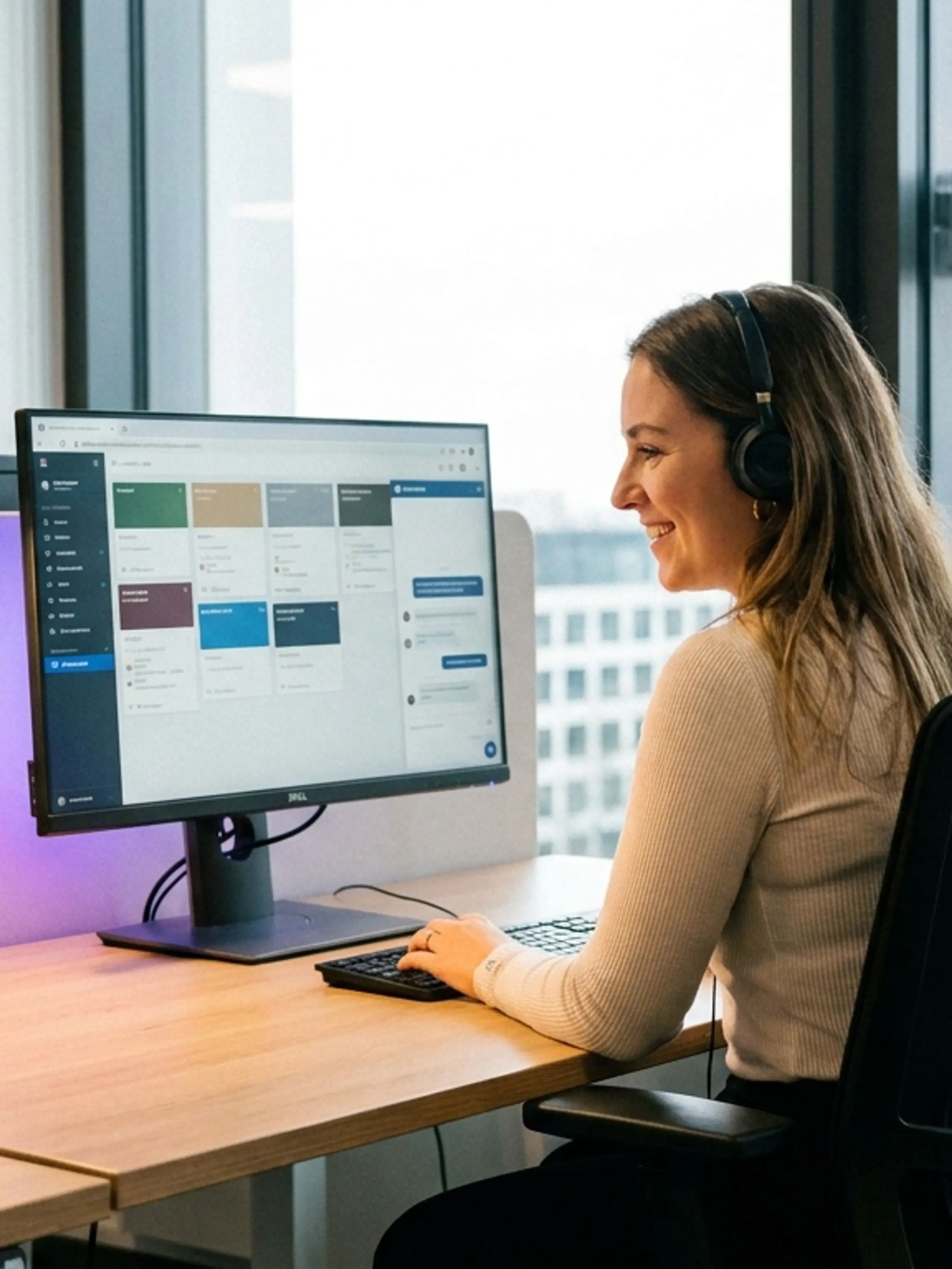 A smiling woman wearing a headset works at a computer in a modern office.