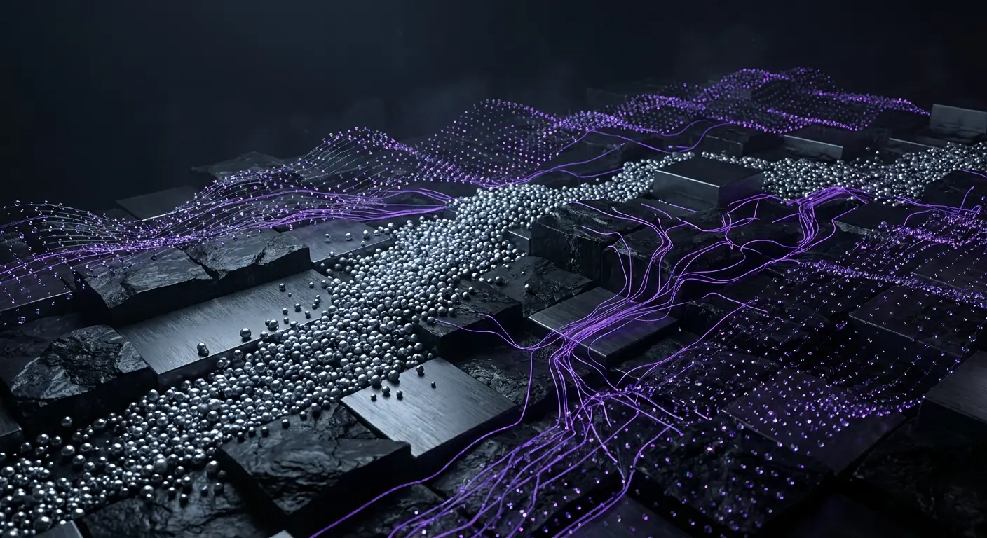 Abstract image of dark blocks with flowing silver spheres and glowing purple data streams.