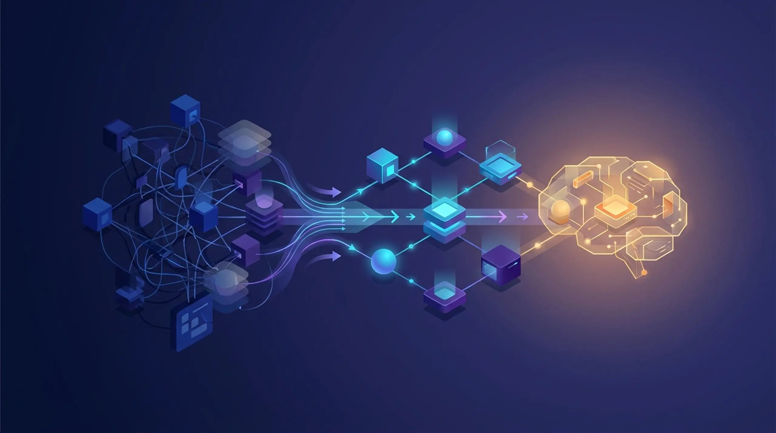 Isometric diagram of data sources and processing nodes feeding into a glowing artificial intelligence brain.