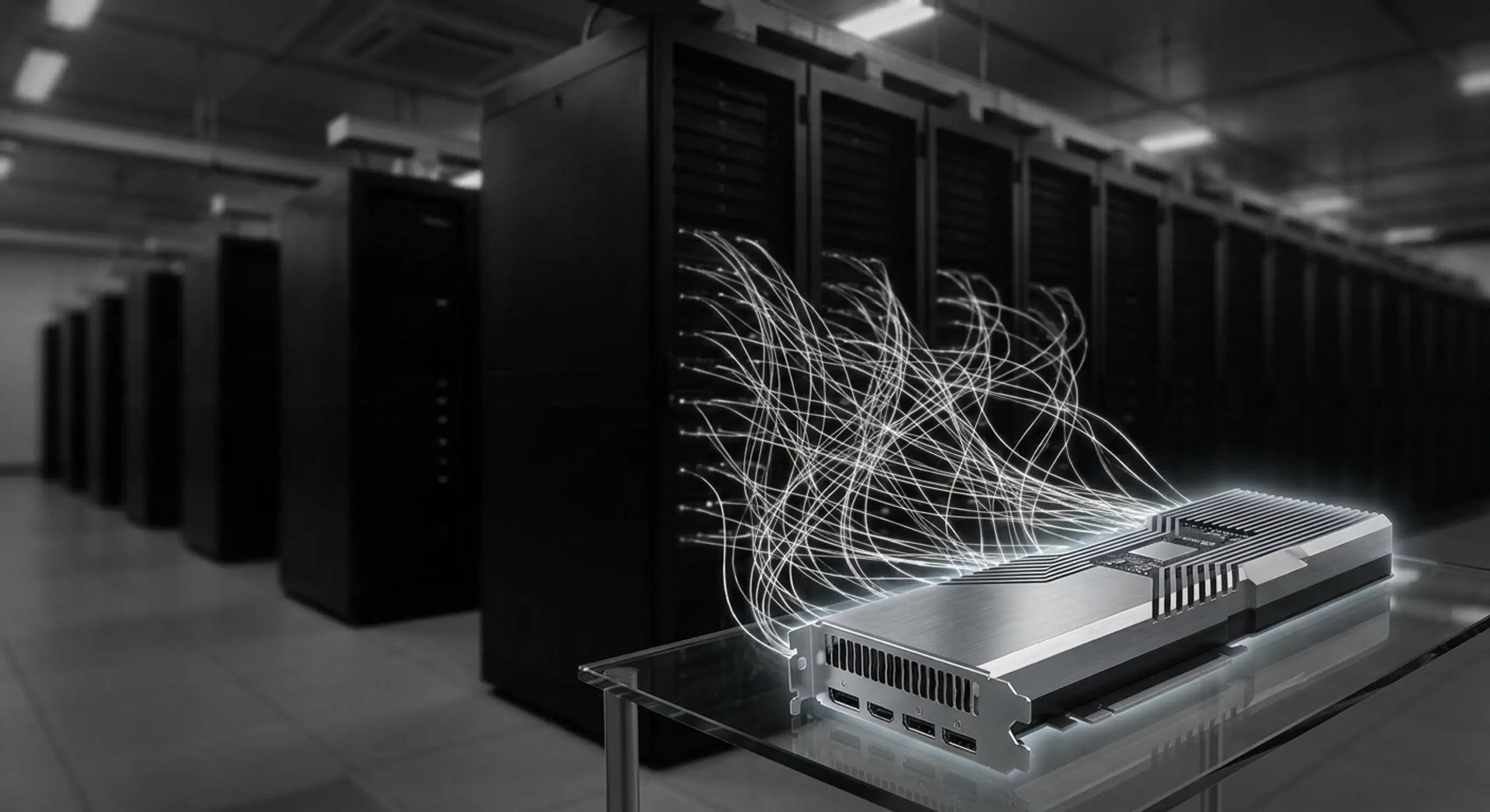 A glowing silver computing accelerator on a glass table with numerous bright lines connecting it to rows of black server racks in a data center.