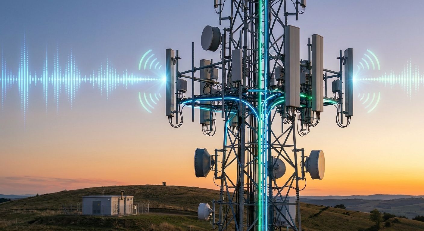 Telecommunications tower at sunset with glowing digital signals flowing and radiating.