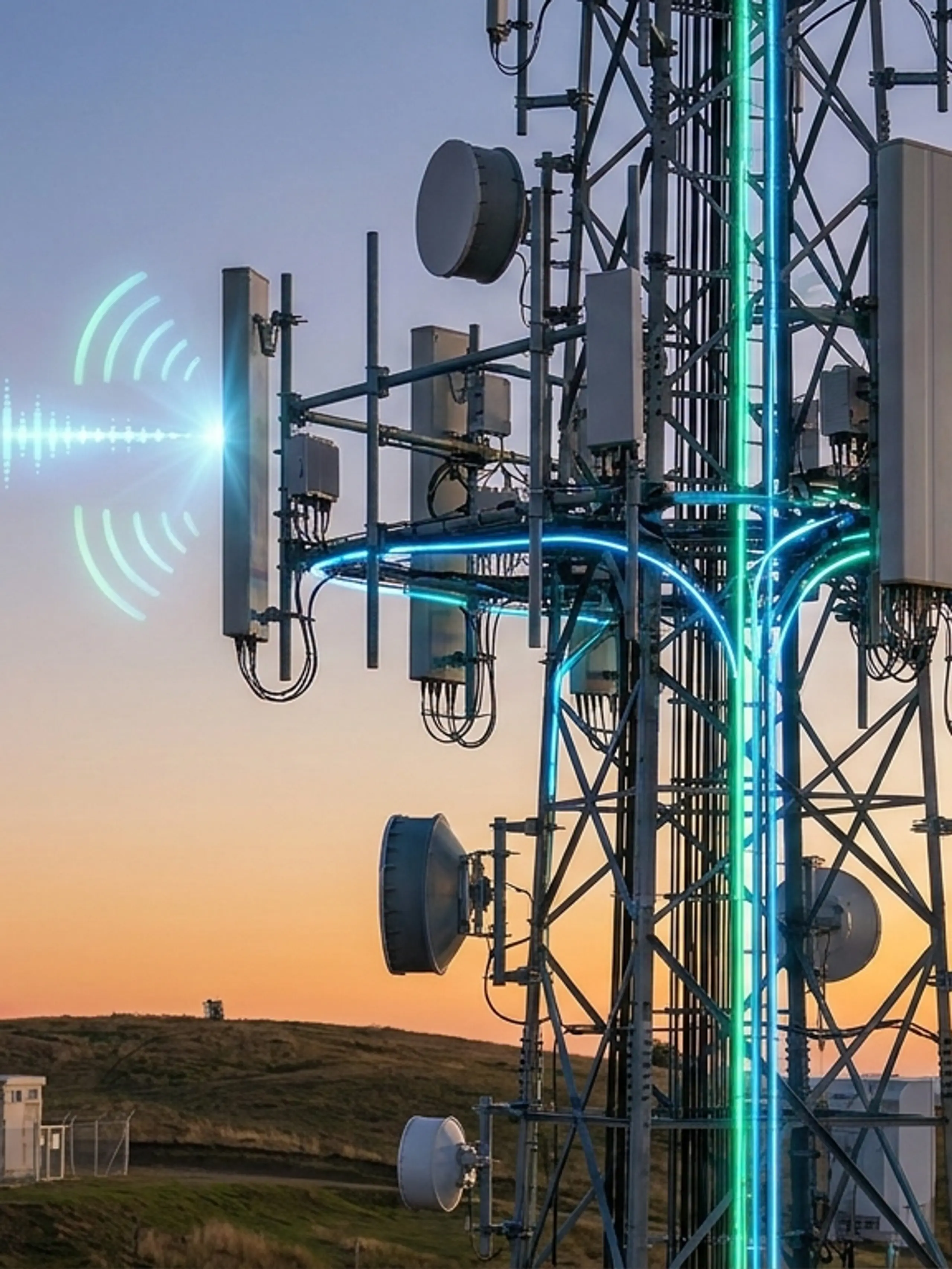 Telecommunications tower at sunset with glowing digital signals flowing and radiating.