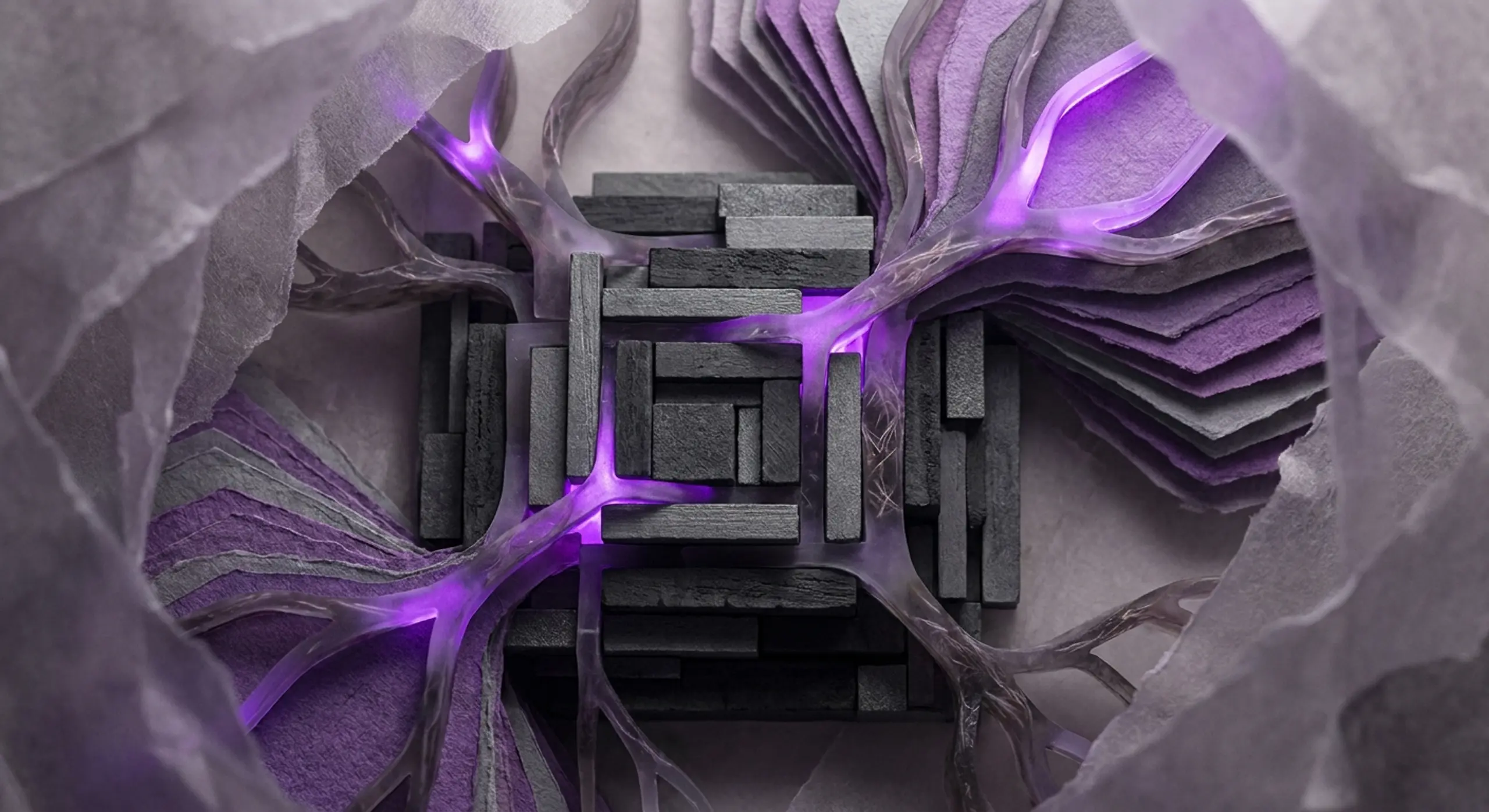 Abstract textured computational landscape with modular capacity layers, branching data pathways, and vivid purple highlights representing AI infrastructure planning under uncertainty.