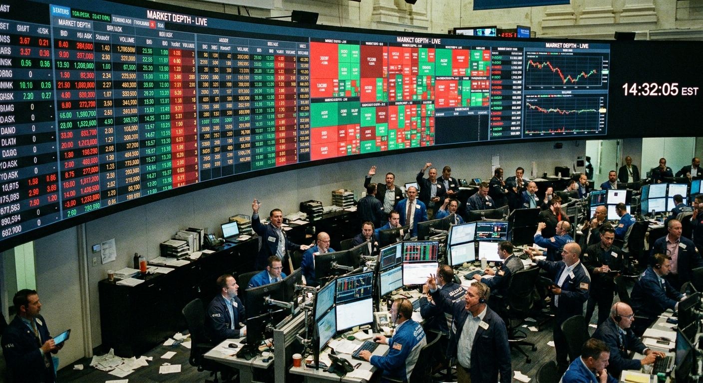 A bustling stock trading floor with traders working at desks below large screens displaying market data.
