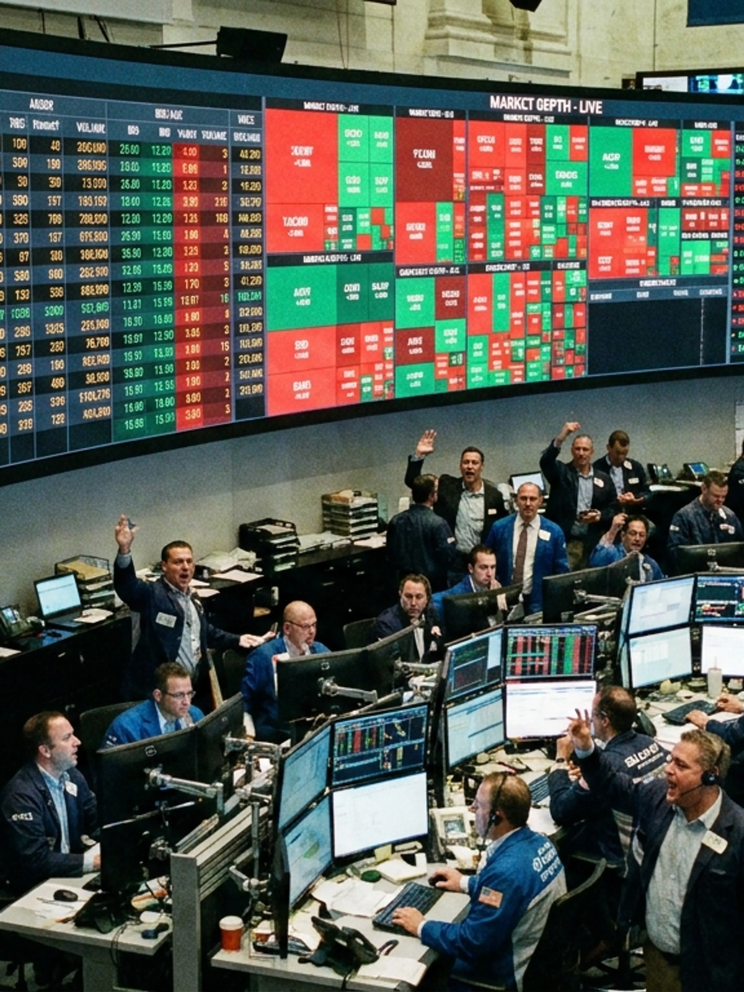 A bustling stock trading floor with traders working at desks below large screens displaying market data.