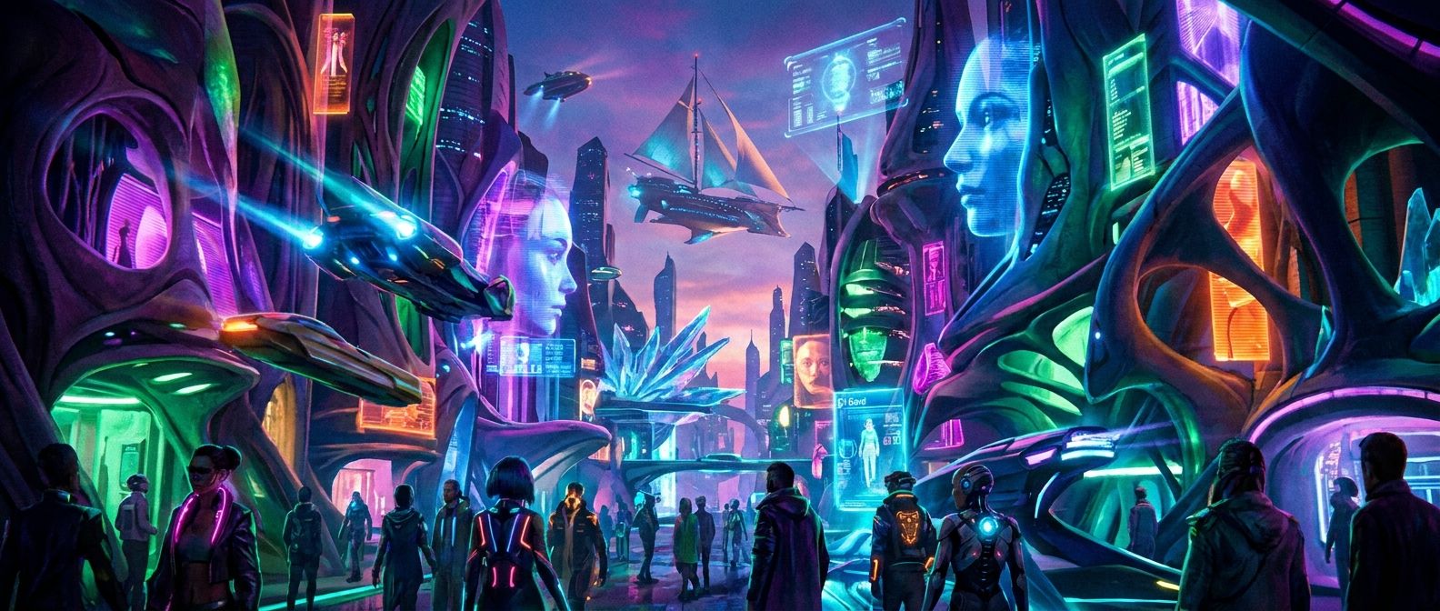 A vibrant, futuristic city with neon lights, holographic displays, flying vehicles, and people walking.