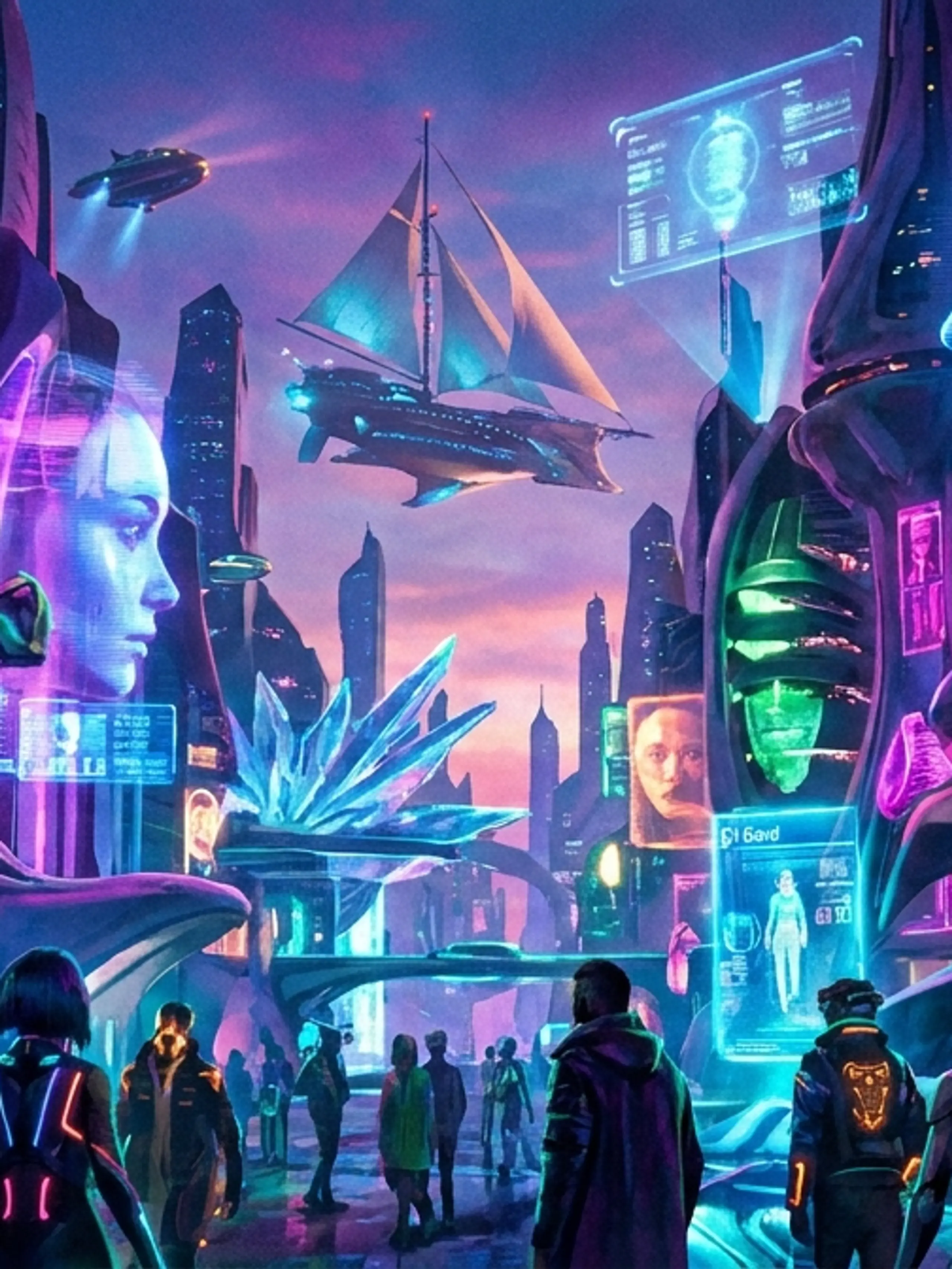 A vibrant, futuristic city with neon lights, holographic displays, flying vehicles, and people walking.