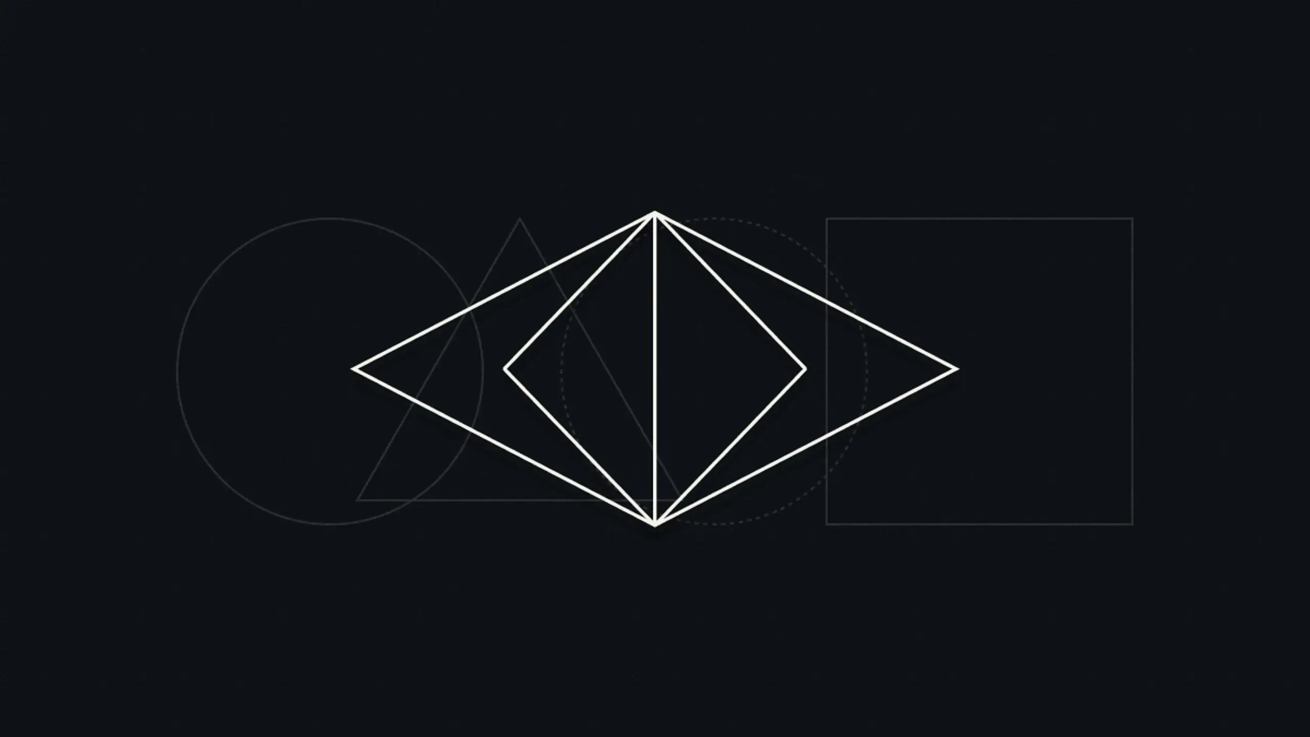 Abstract white geometric eye shape on a dark background, surrounded by faint gray geometric outlines.