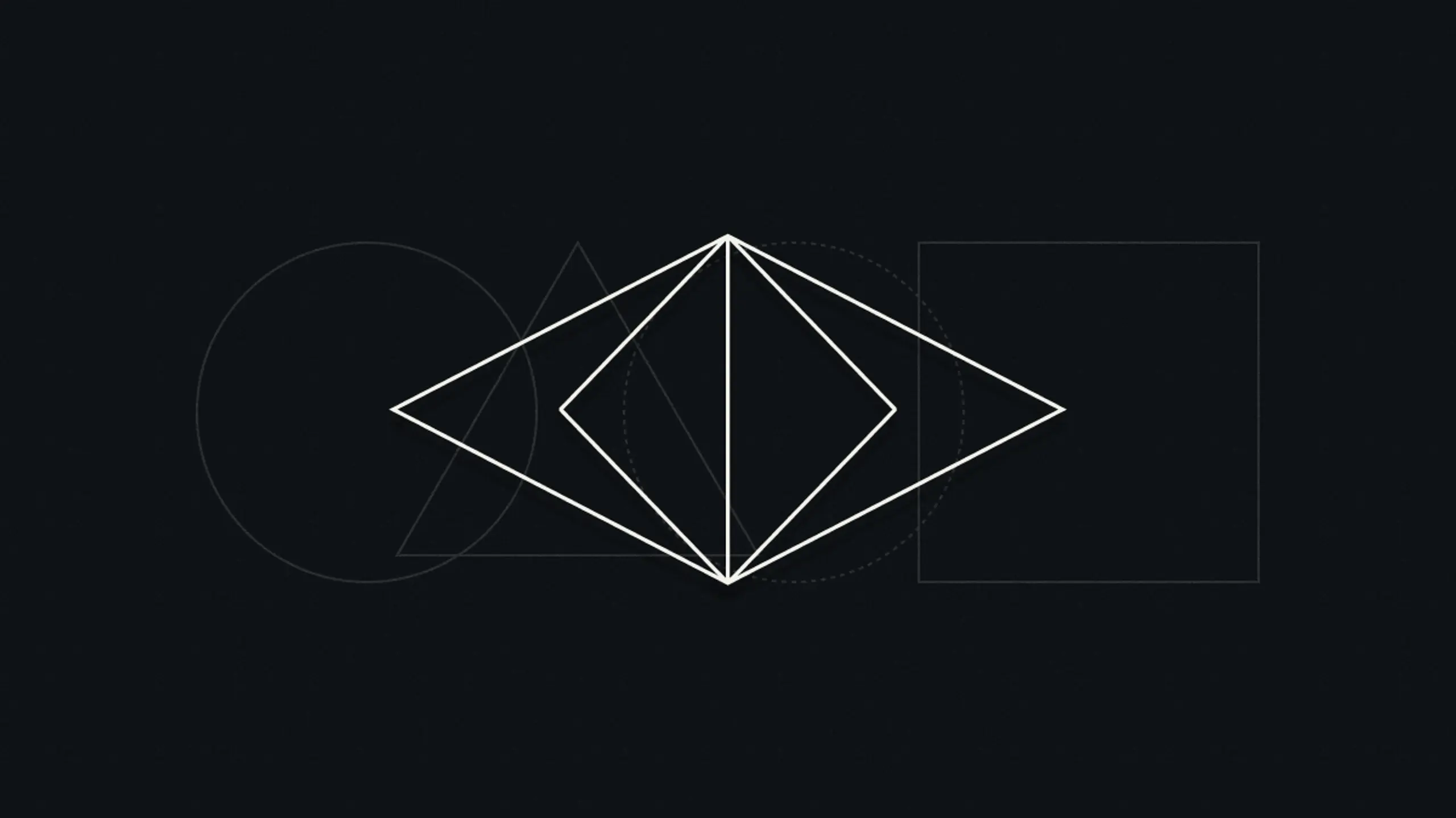Abstract white geometric eye shape on a dark background, surrounded by faint gray geometric outlines.