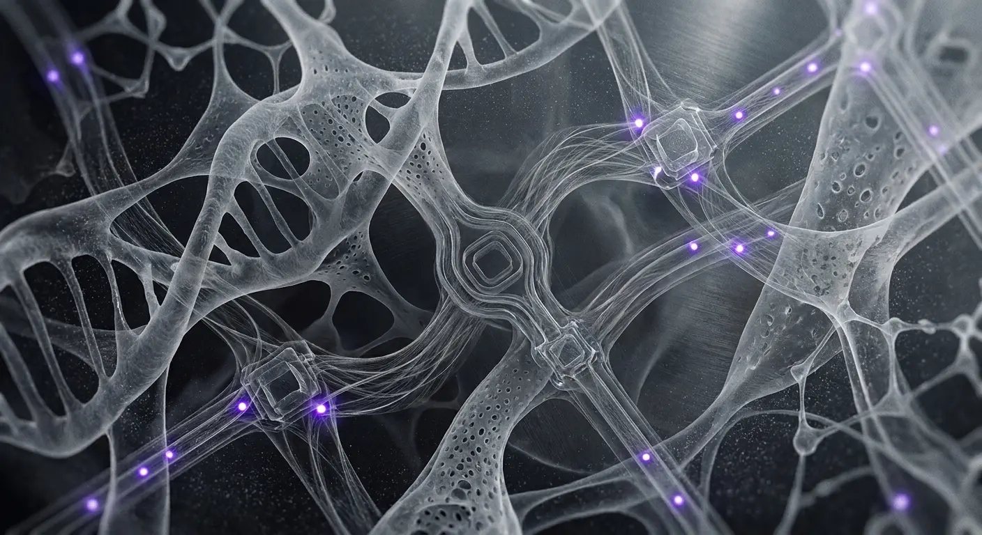 Translucent network of neurons and DNA strands with glowing purple impulses.