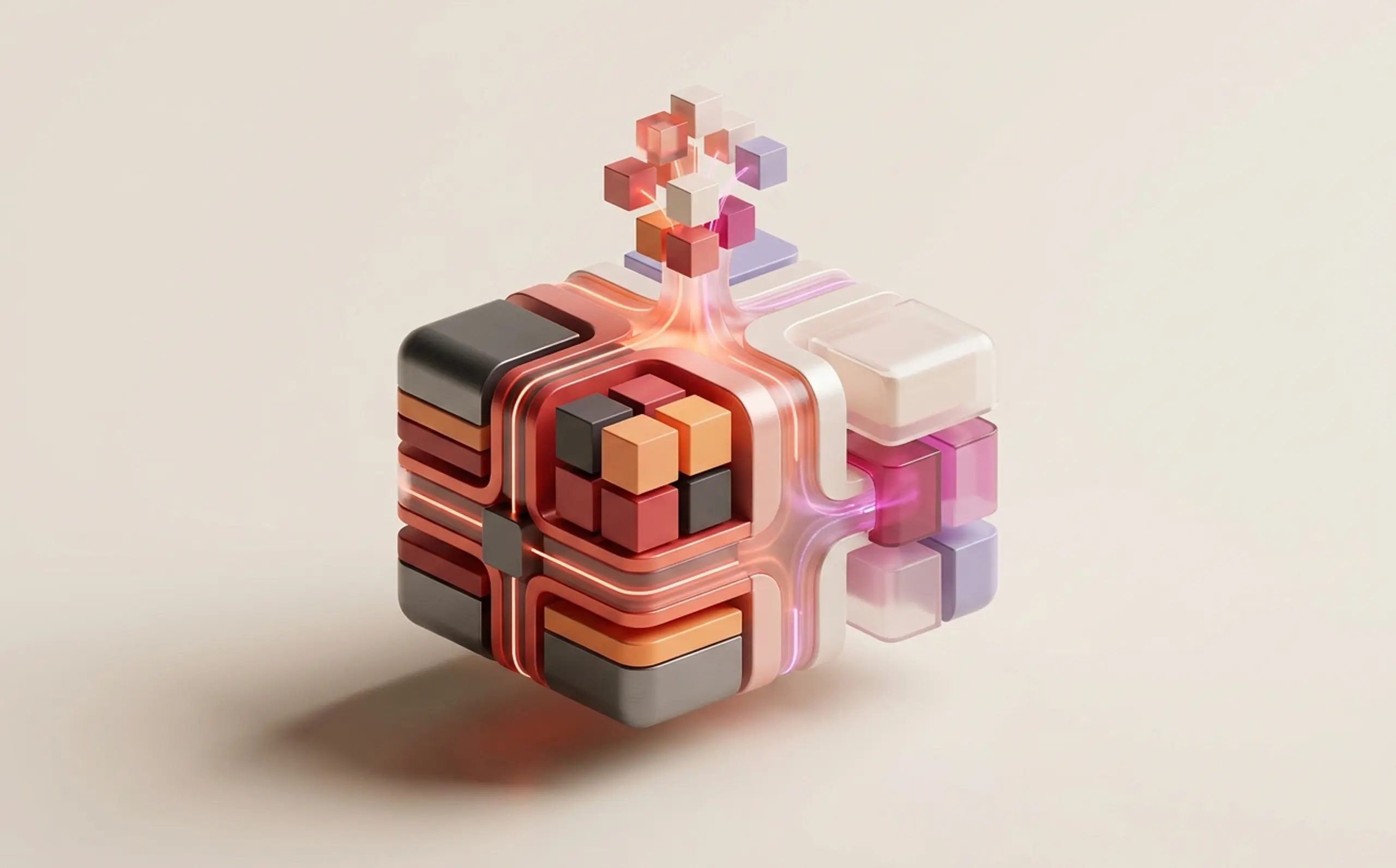 An intricate 3D cube composed of interconnected blocks in dark, orange, and translucent hues, with glowing conduits and smaller cubes emerging from the top.