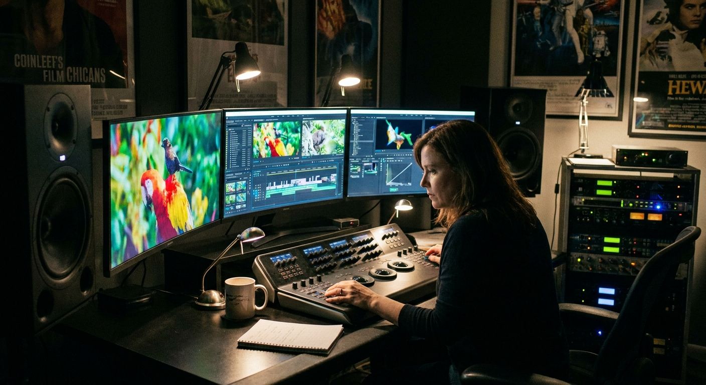 A woman edits video on three large monitors with a control panel in a dimly lit studio.