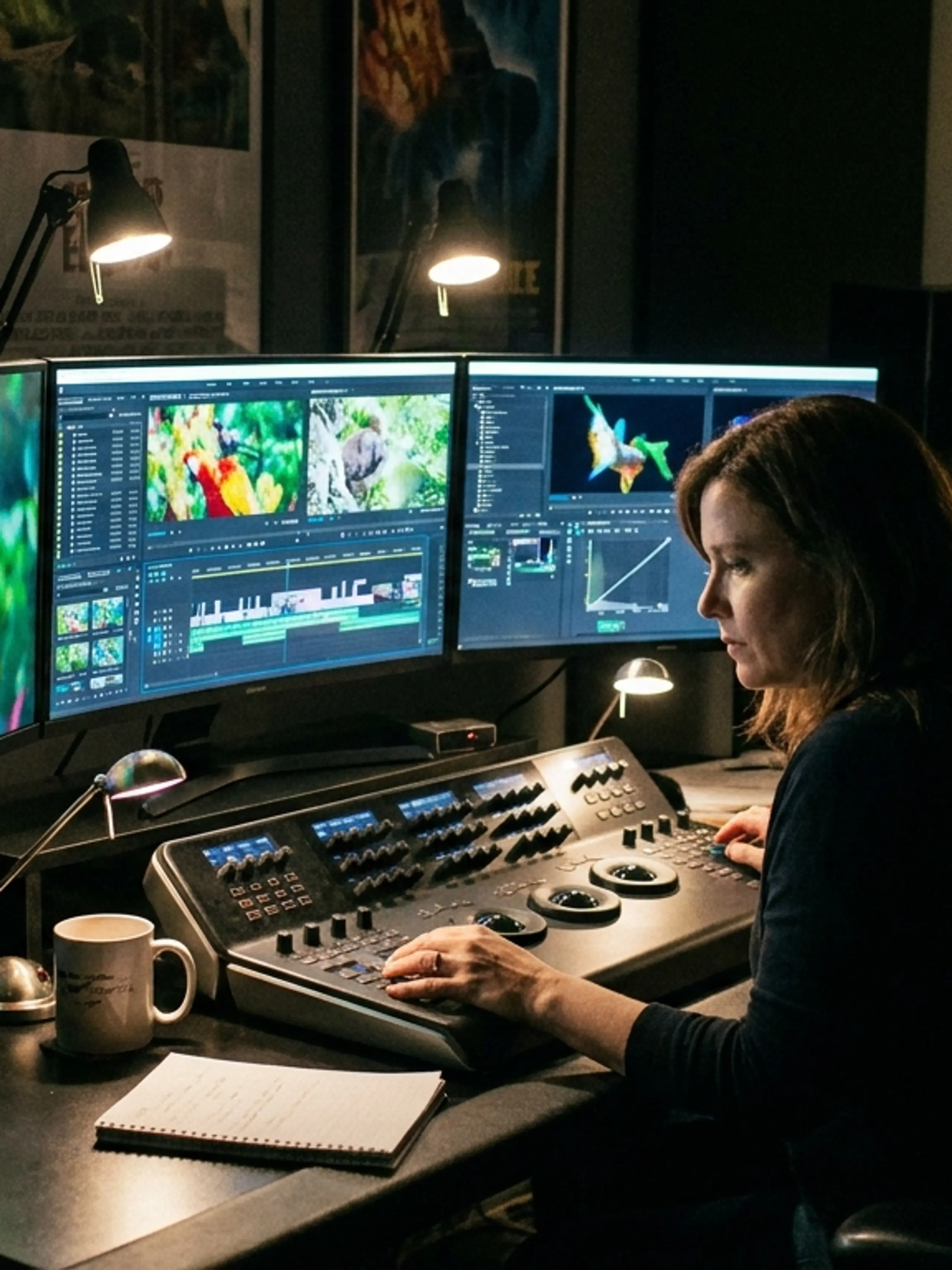 A woman edits video on three large monitors with a control panel in a dimly lit studio.