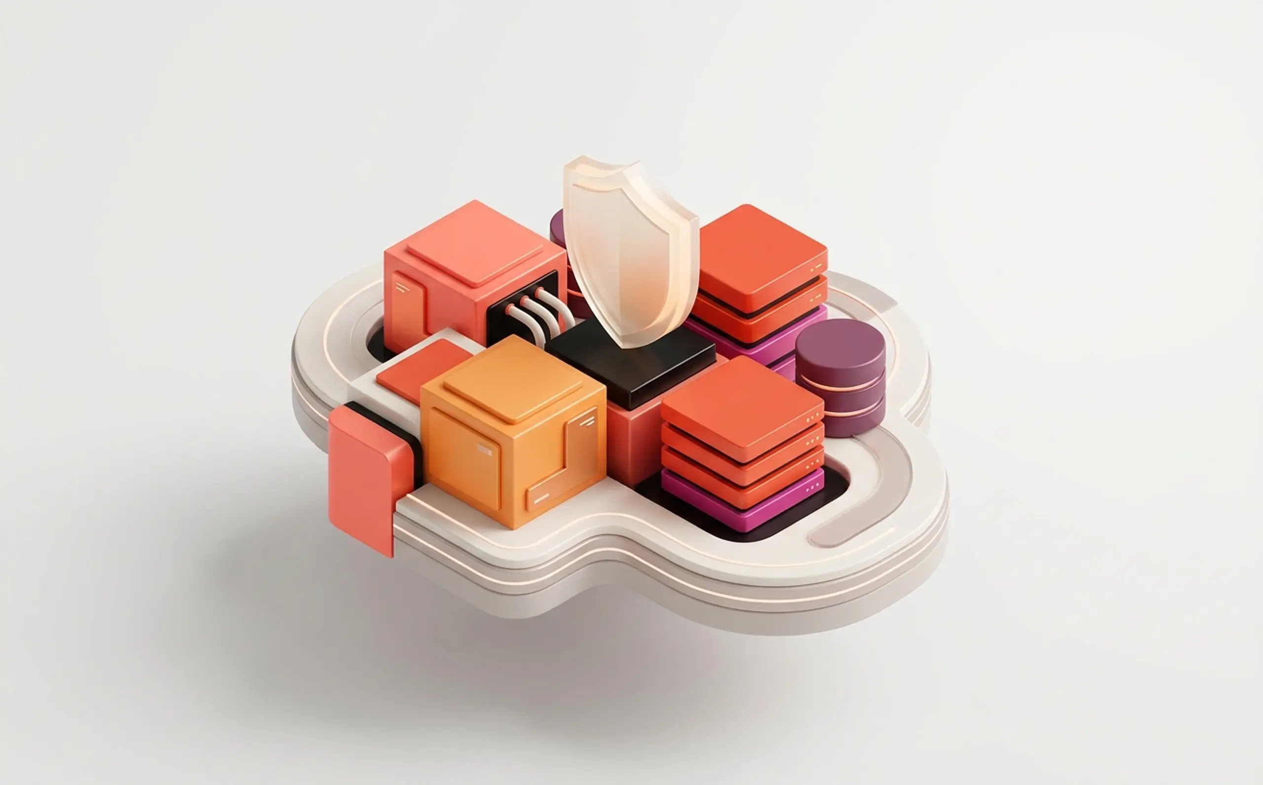 Stylized 3D cloud computing platform with servers, data containers, and a translucent golden shield.
