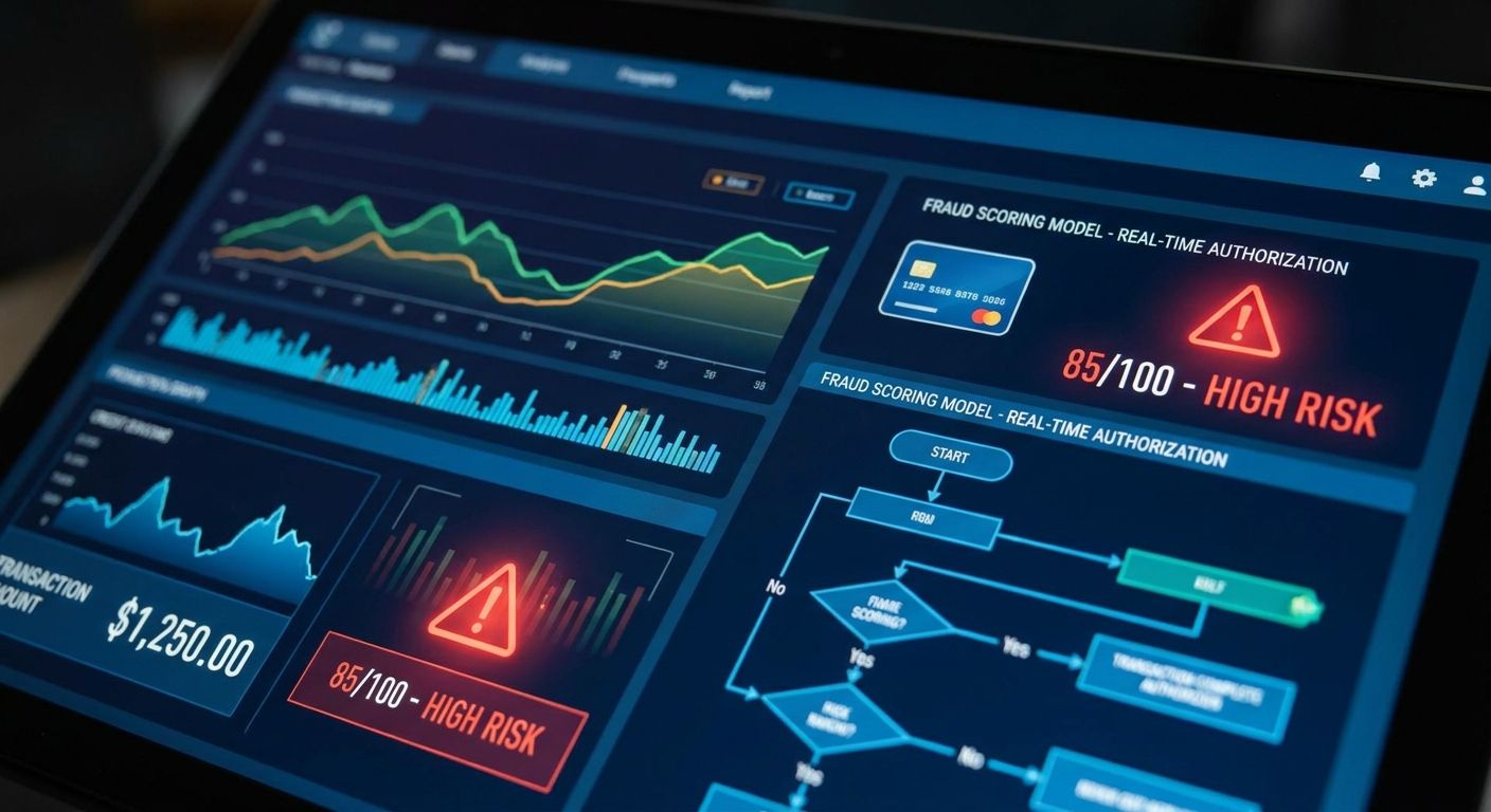 A tablet displays a real-time fraud detection dashboard with charts, graphs, and a prominent "HIGH RISK" alert.