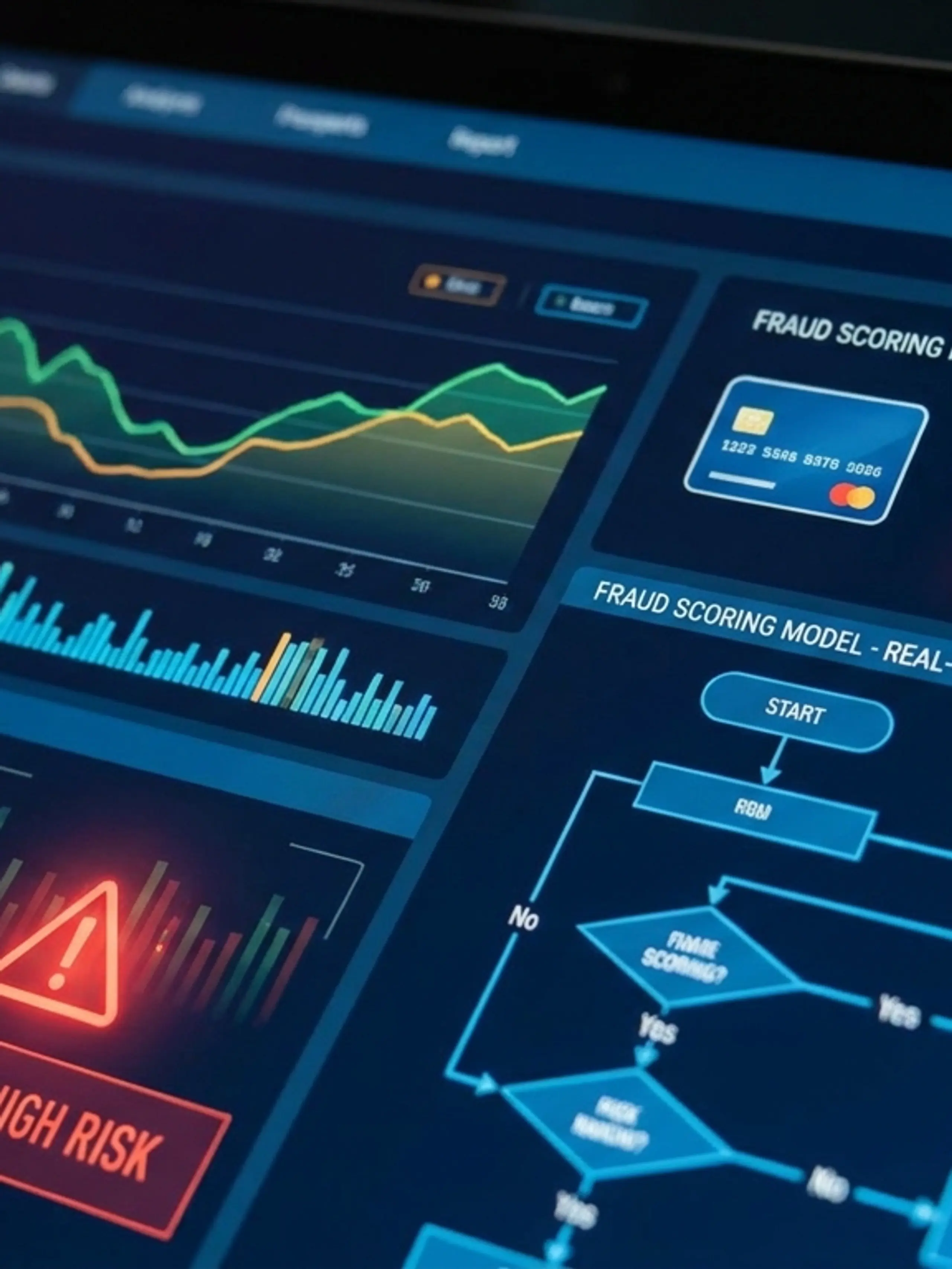 A tablet displays a real-time fraud detection dashboard with charts, graphs, and a prominent "HIGH RISK" alert.