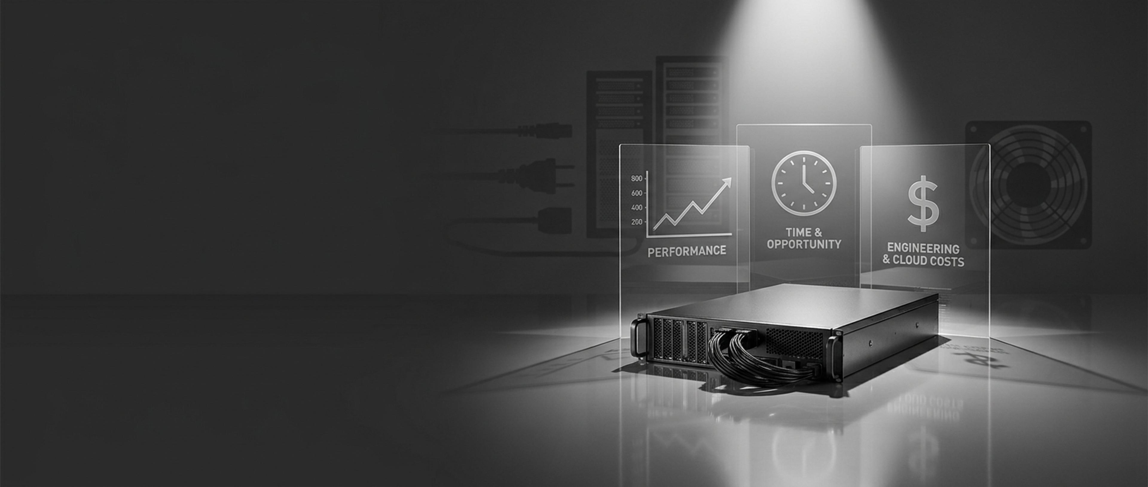 Server hardware under a spotlight with graphics for performance, time, and cost.