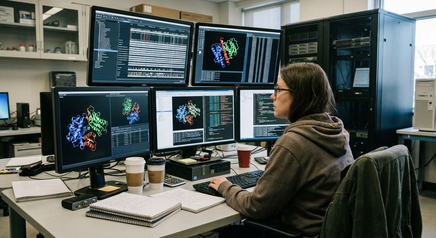 A researcher works at six computer monitors displaying molecular structures and code in a lab setting.