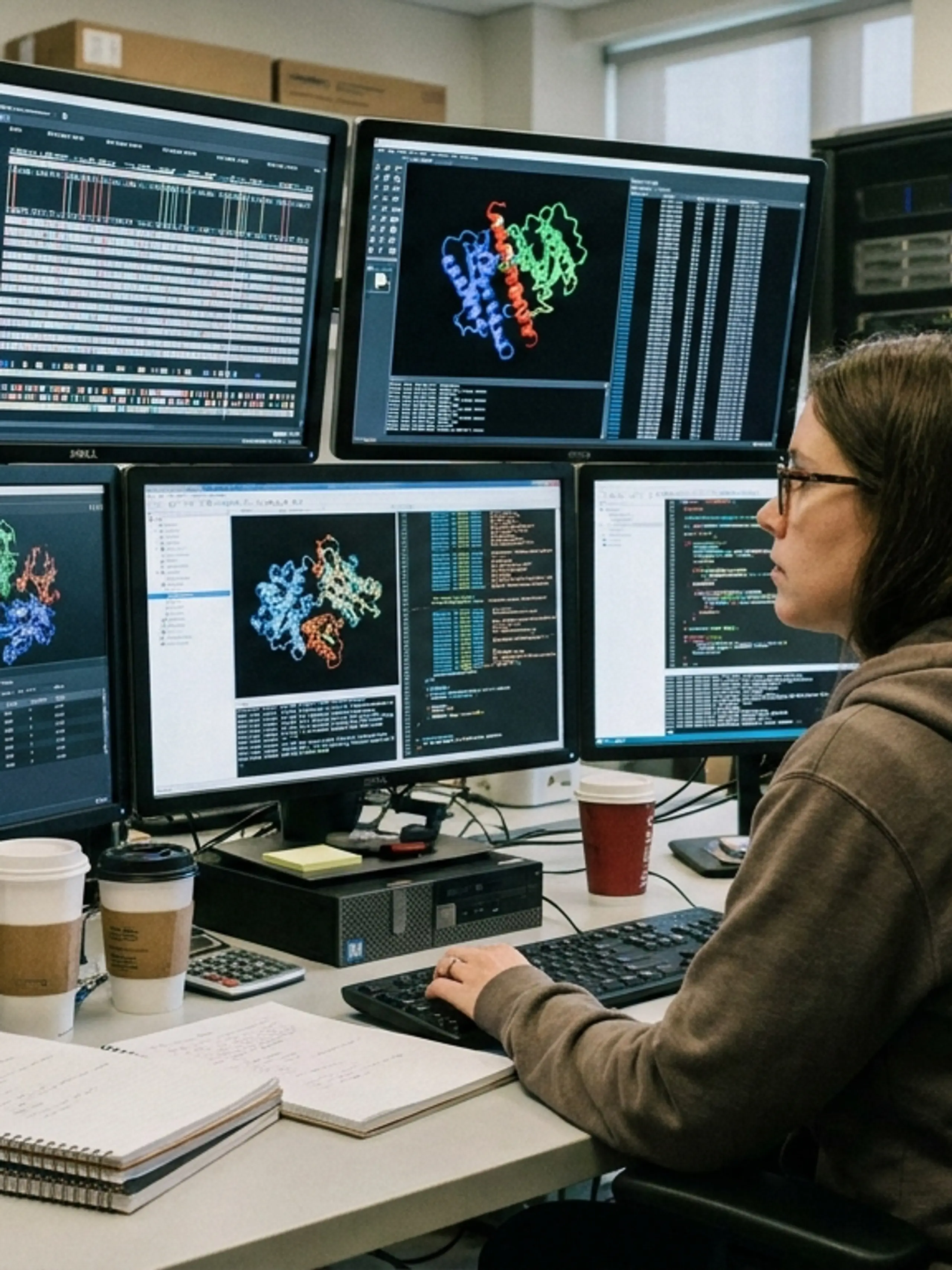 A researcher works at six computer monitors displaying molecular structures and code in a lab setting.