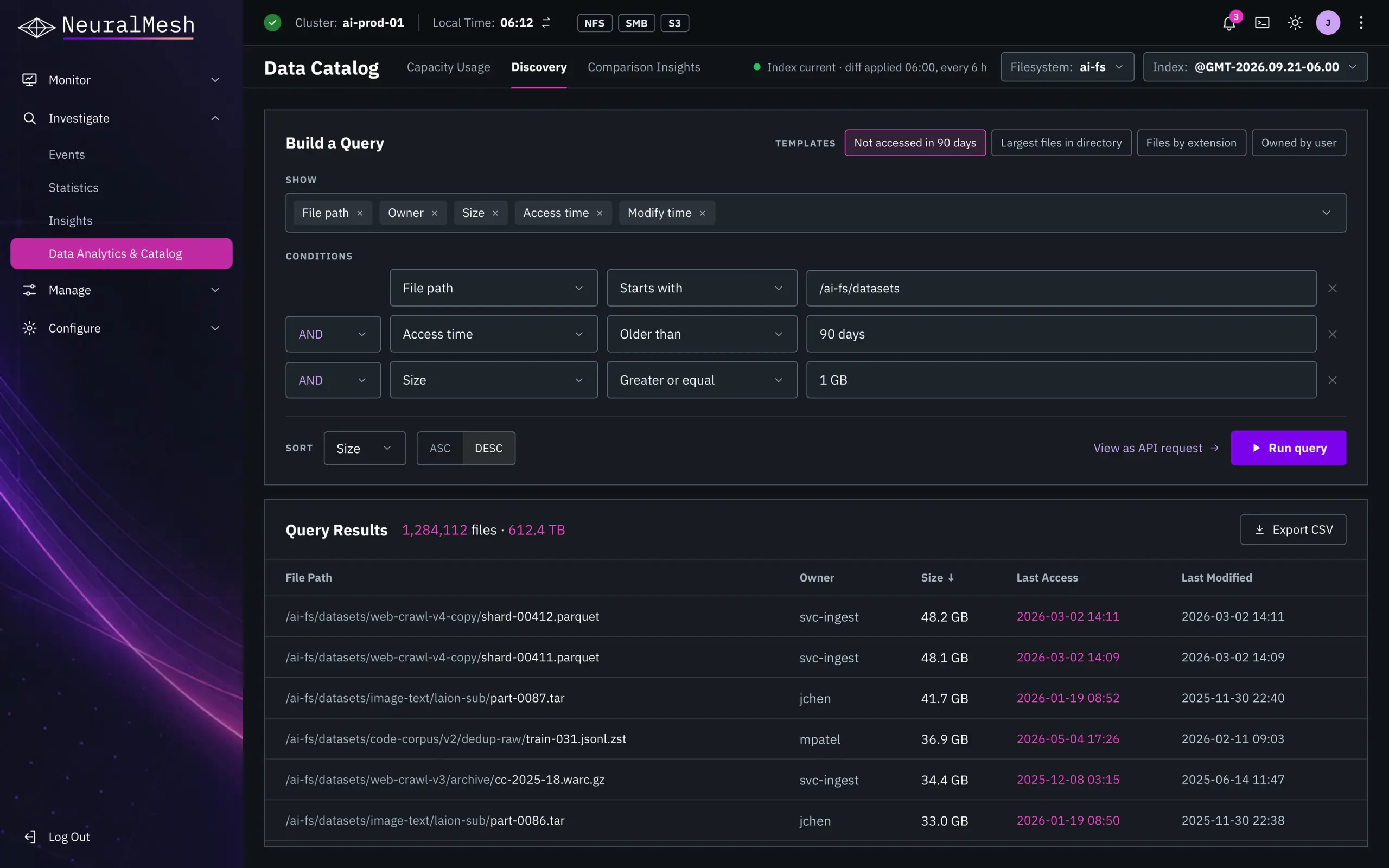 NeuralMesh Data Catalog Metadata Query