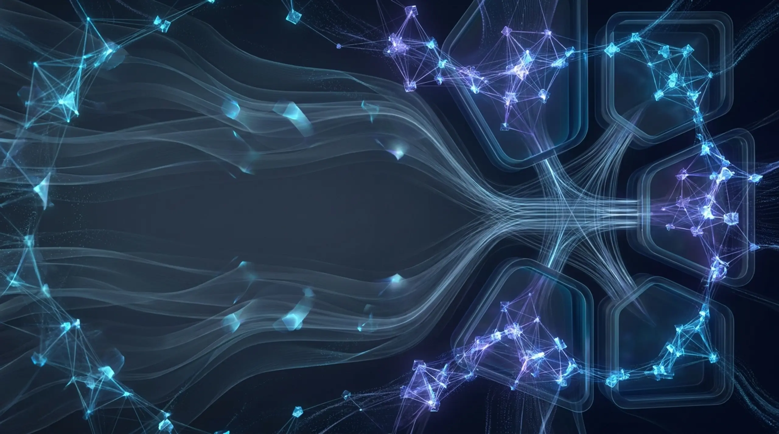 Abstract digital network with glowing blue and purple nodes and data streams.