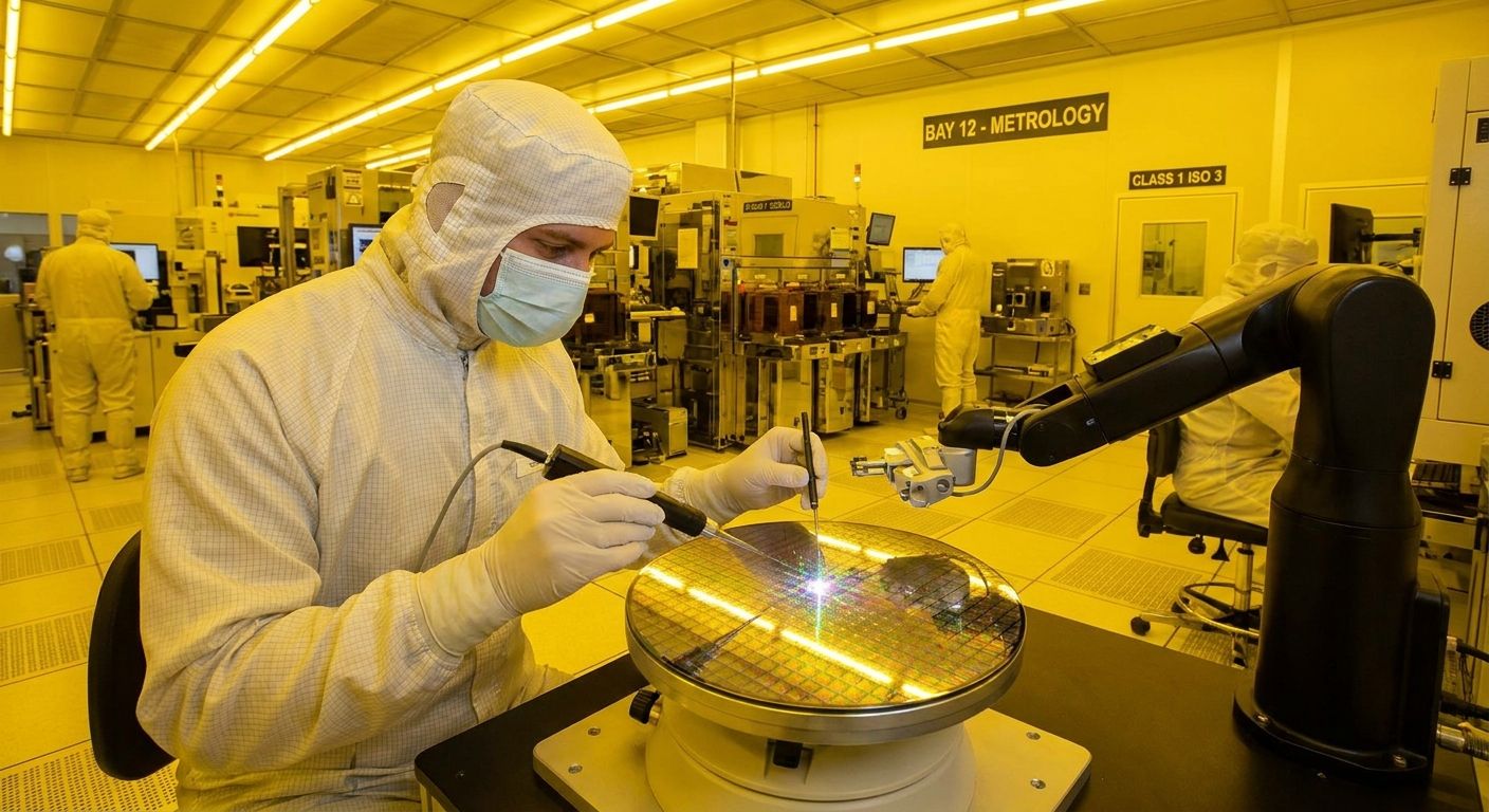 Cleanroom technician uses laser on silicon wafer, next to robotic arm in yellow cleanroom.