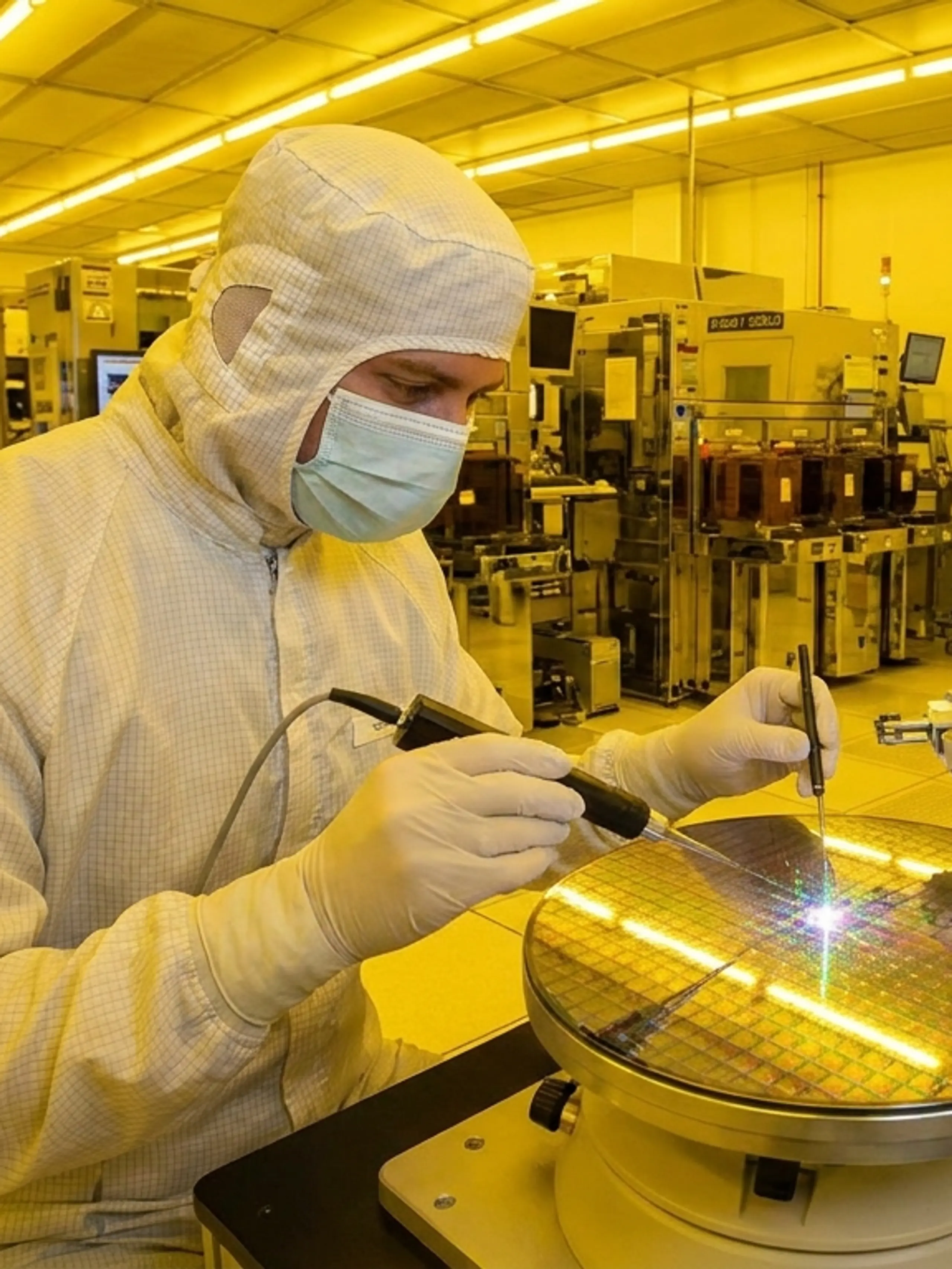 Cleanroom technician uses laser on silicon wafer, next to robotic arm in yellow cleanroom.