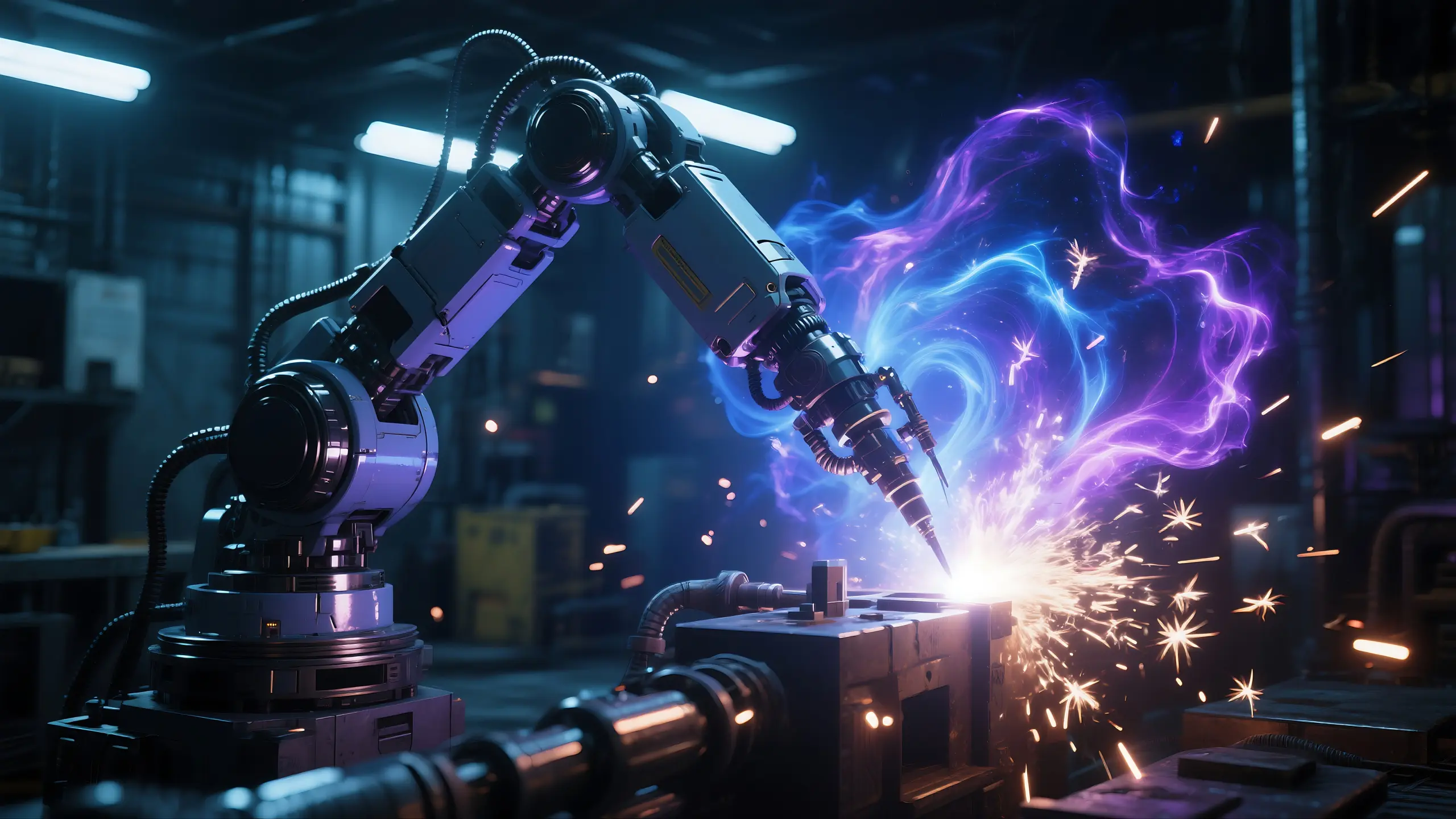 A robotic arm welds with sparks and blue-purple energy in a dark industrial workshop.