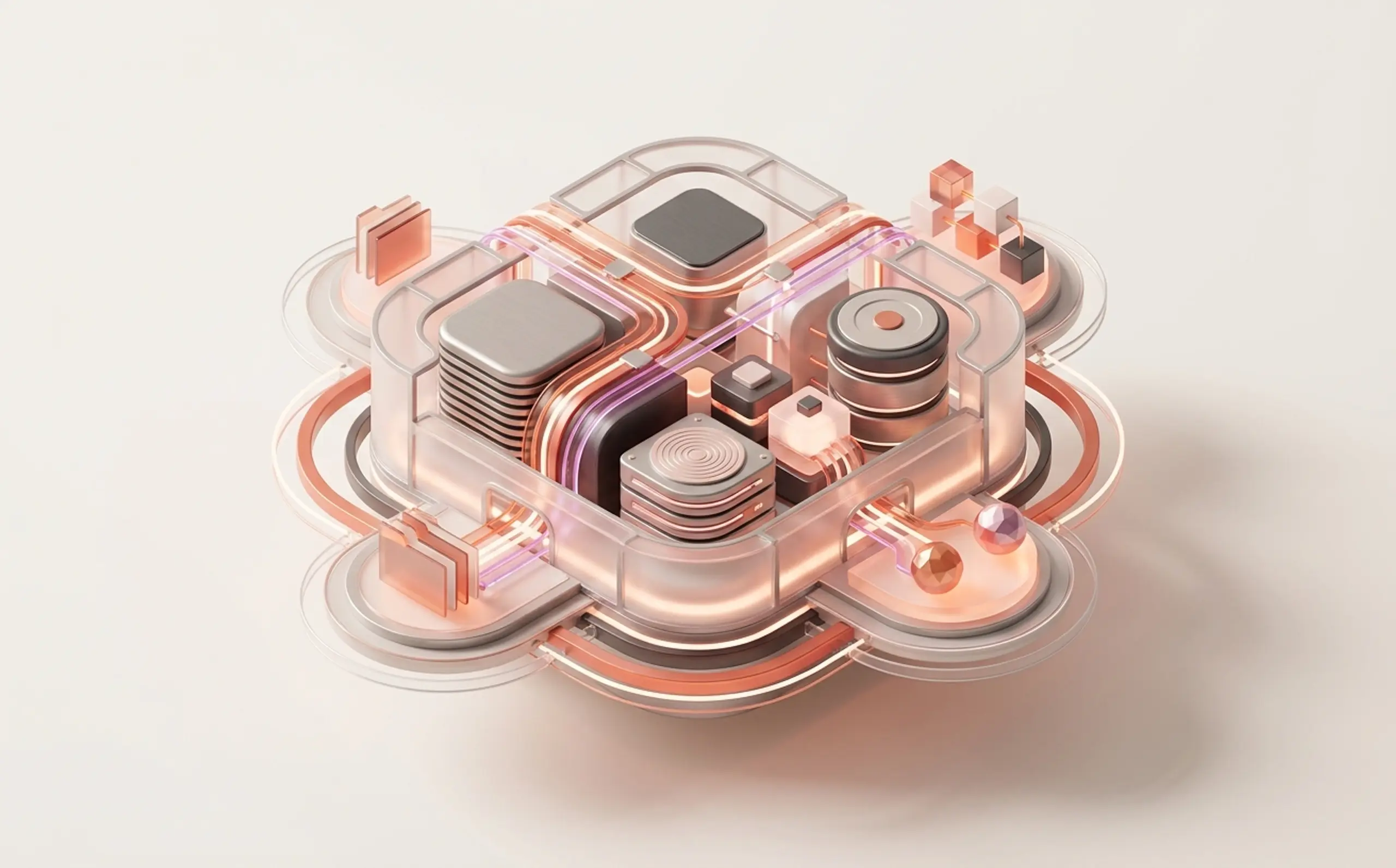 Abstract 3D render of interconnected digital components with glowing rose gold lines, silver modules, and transparent layers.