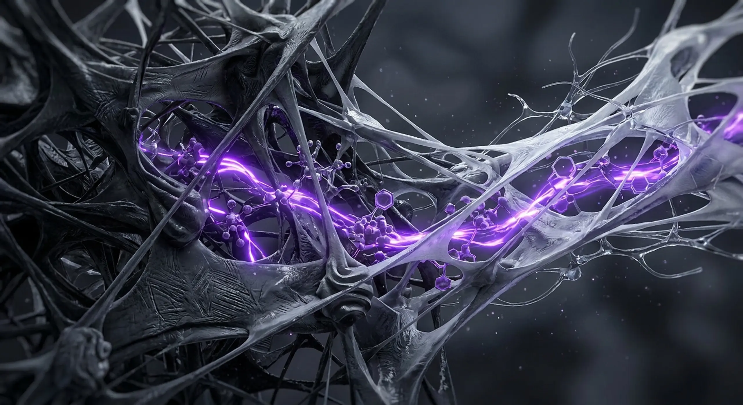 Abstract dark organic network with glowing purple energy and molecular structures.
