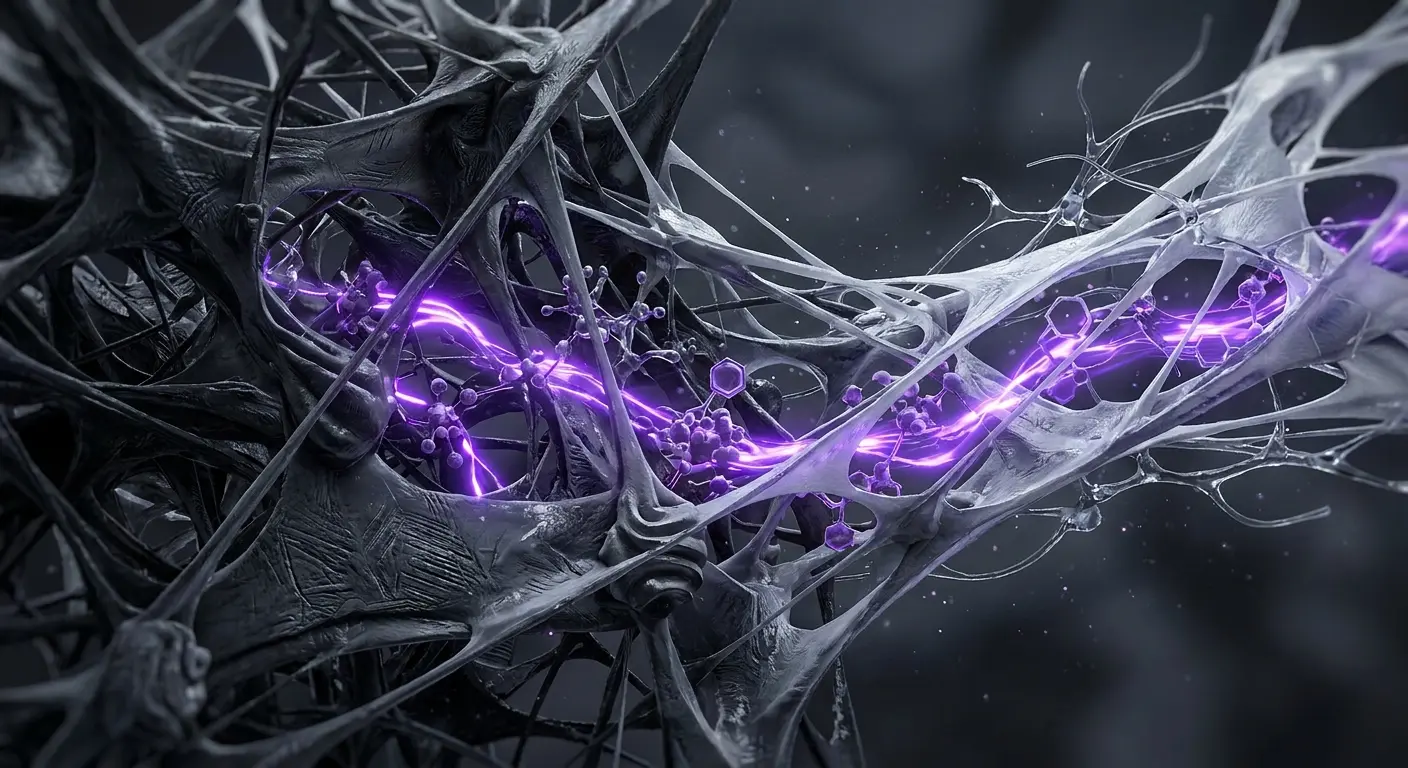 Abstract dark organic network with glowing purple energy and molecular structures.
