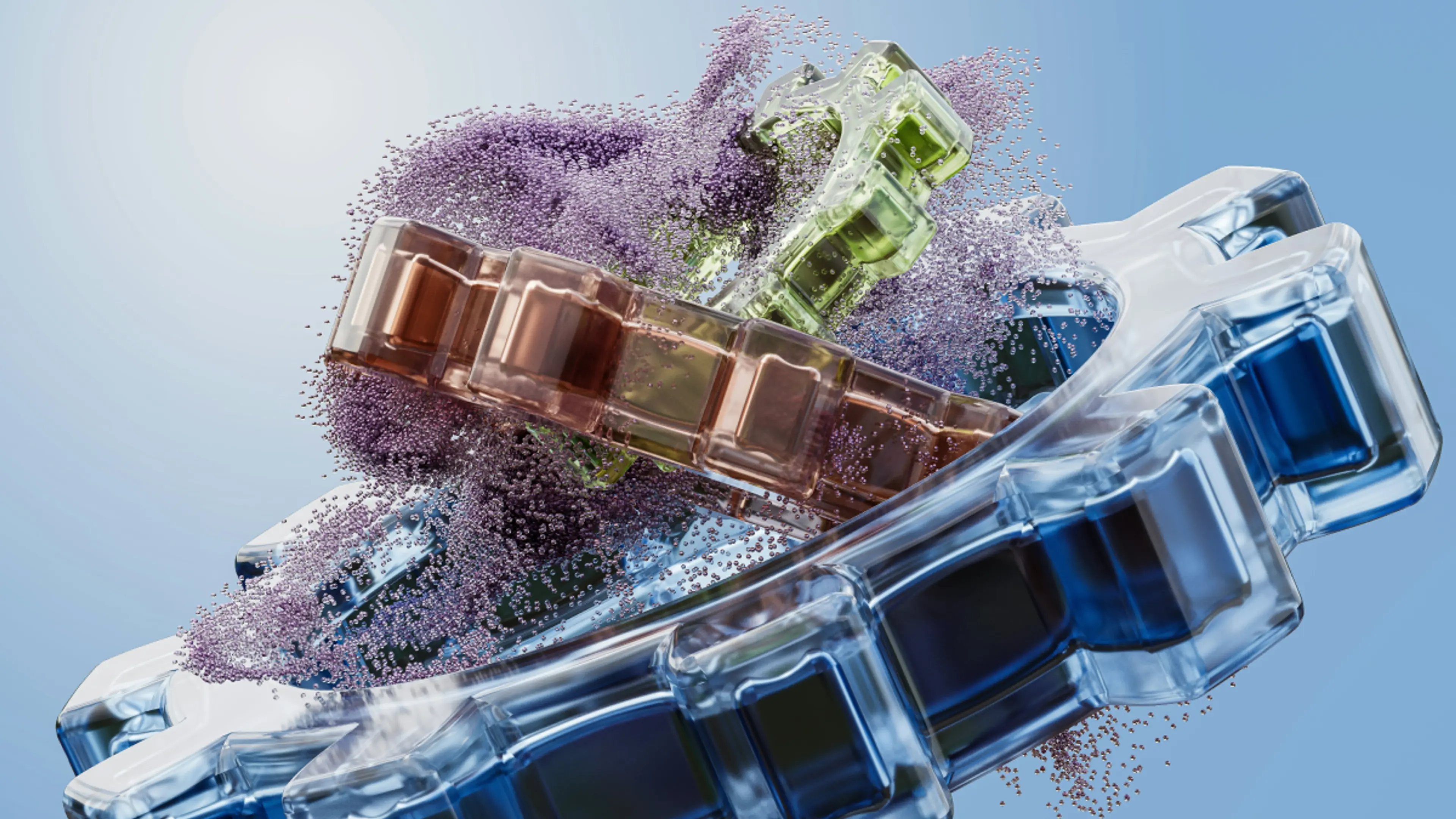 Translucent blue, green, clear, and amber rectangular forms with purple particles swirling around them against a light blue background.