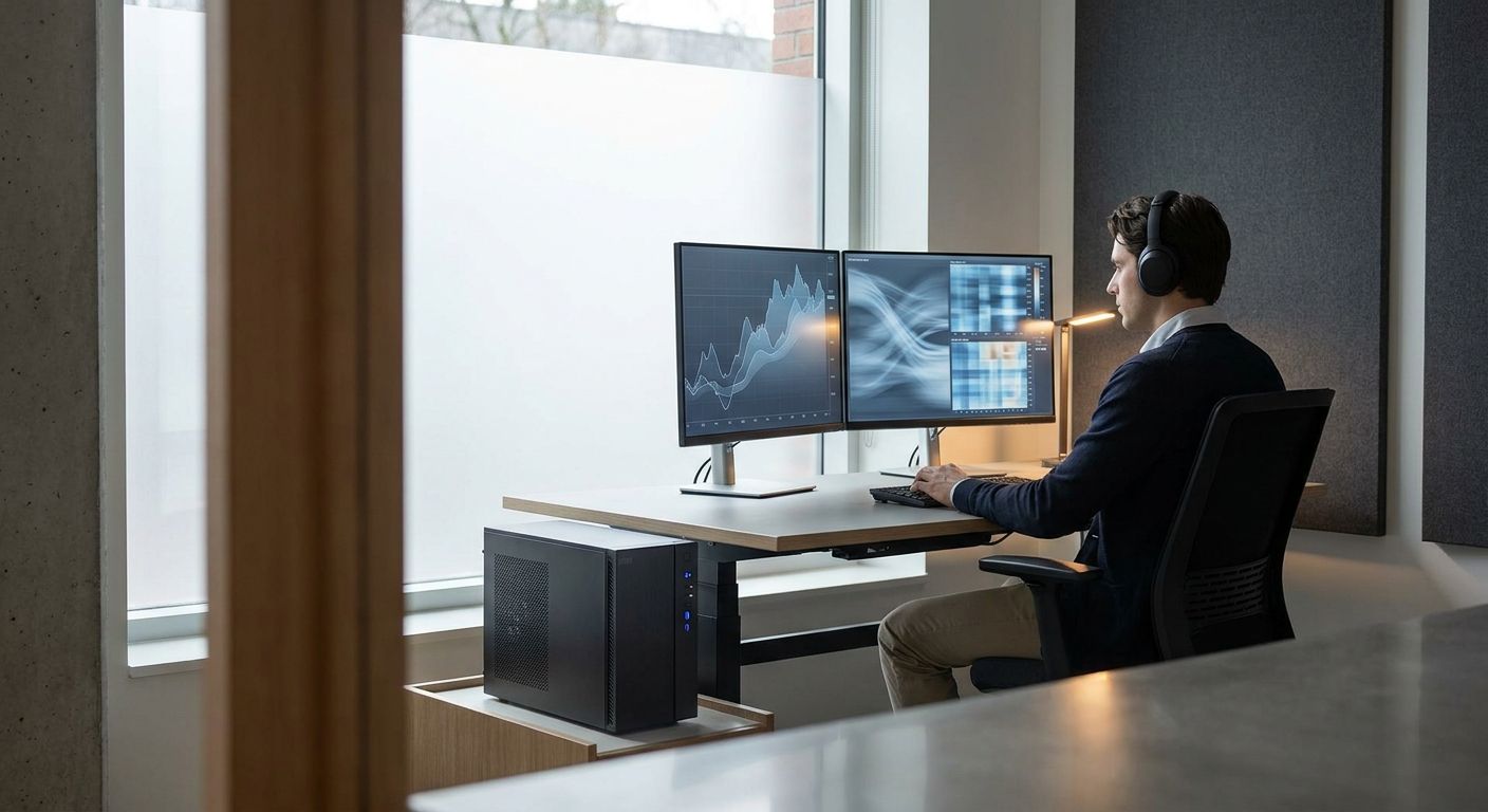 Man wearing headphones working at dual monitors and a PC tower in an office.