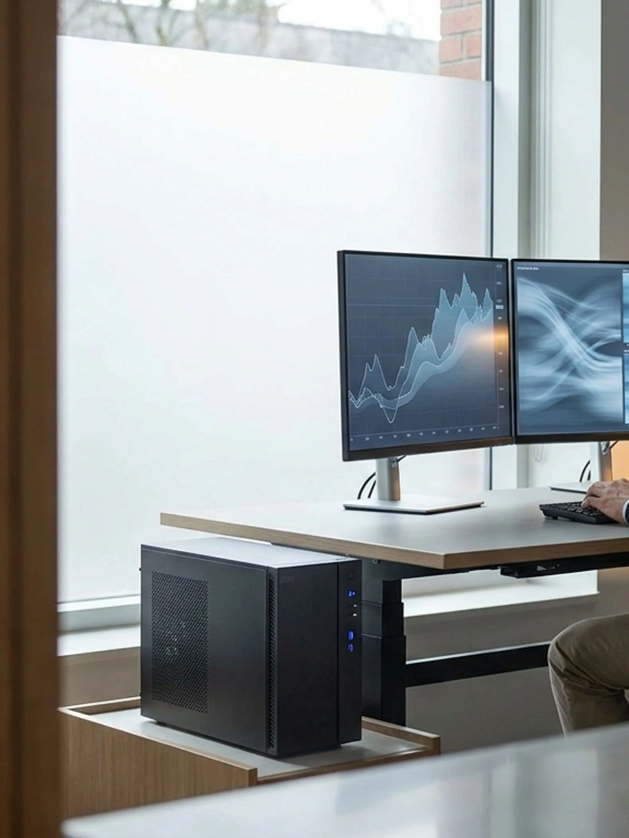 Man wearing headphones working at dual monitors and a PC tower in an office.